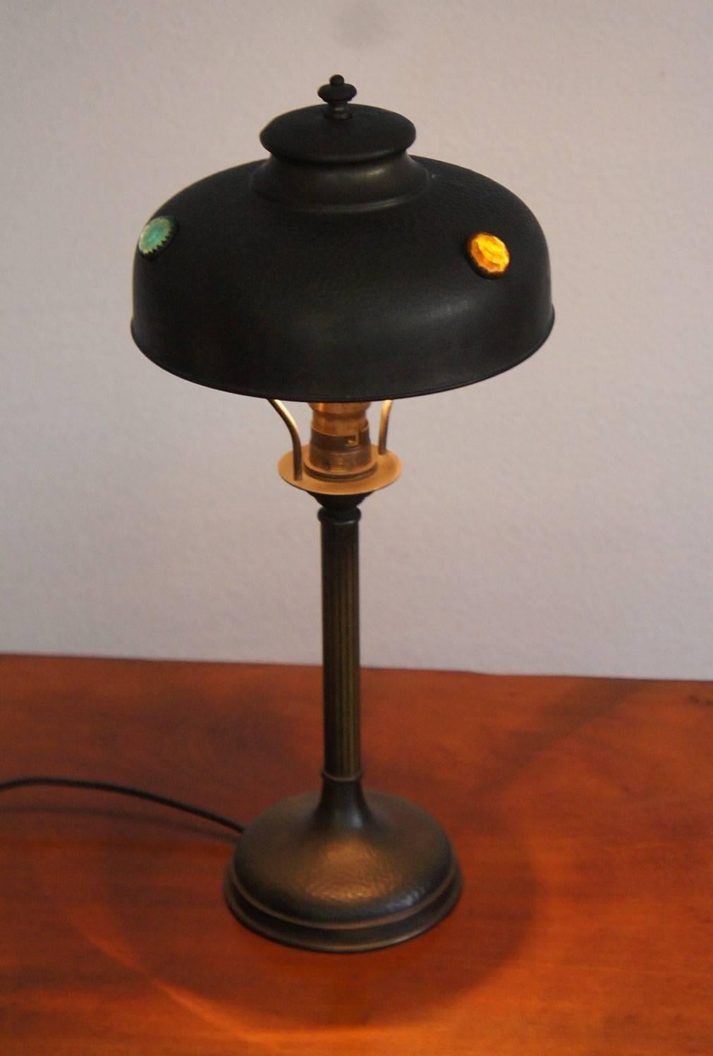 European Antique Arts & Crafts Copper and Brass Table/Desk Lamp with Color Glass Inserts For Sale