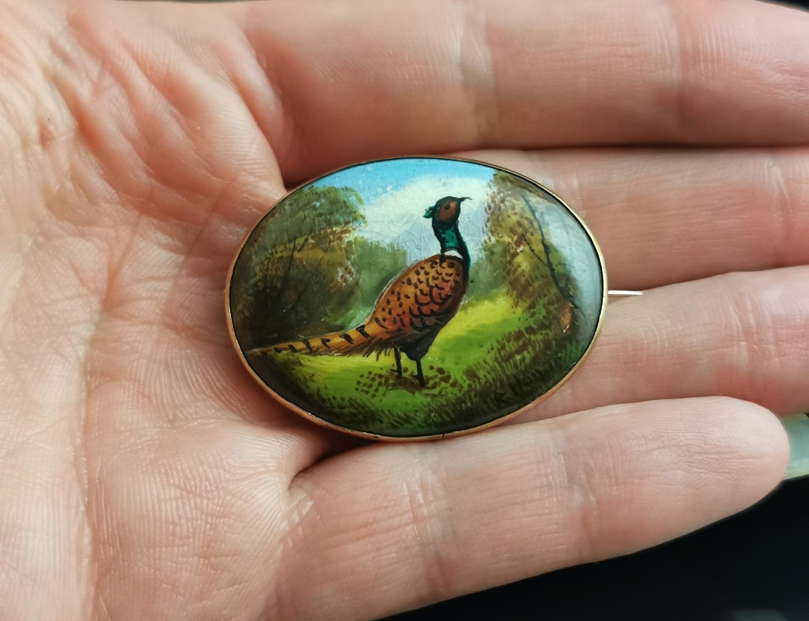 Antique Arts & Crafts Enamelled Pheasant Brooch, Minton In Good Condition In NEWARK, GB