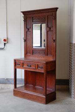Antique Arts and Crafts English Solid Oak Hallway Stand with Drawers