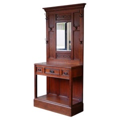 Antique Arts and Crafts English Solid Oak Hallway Stand with Drawers
