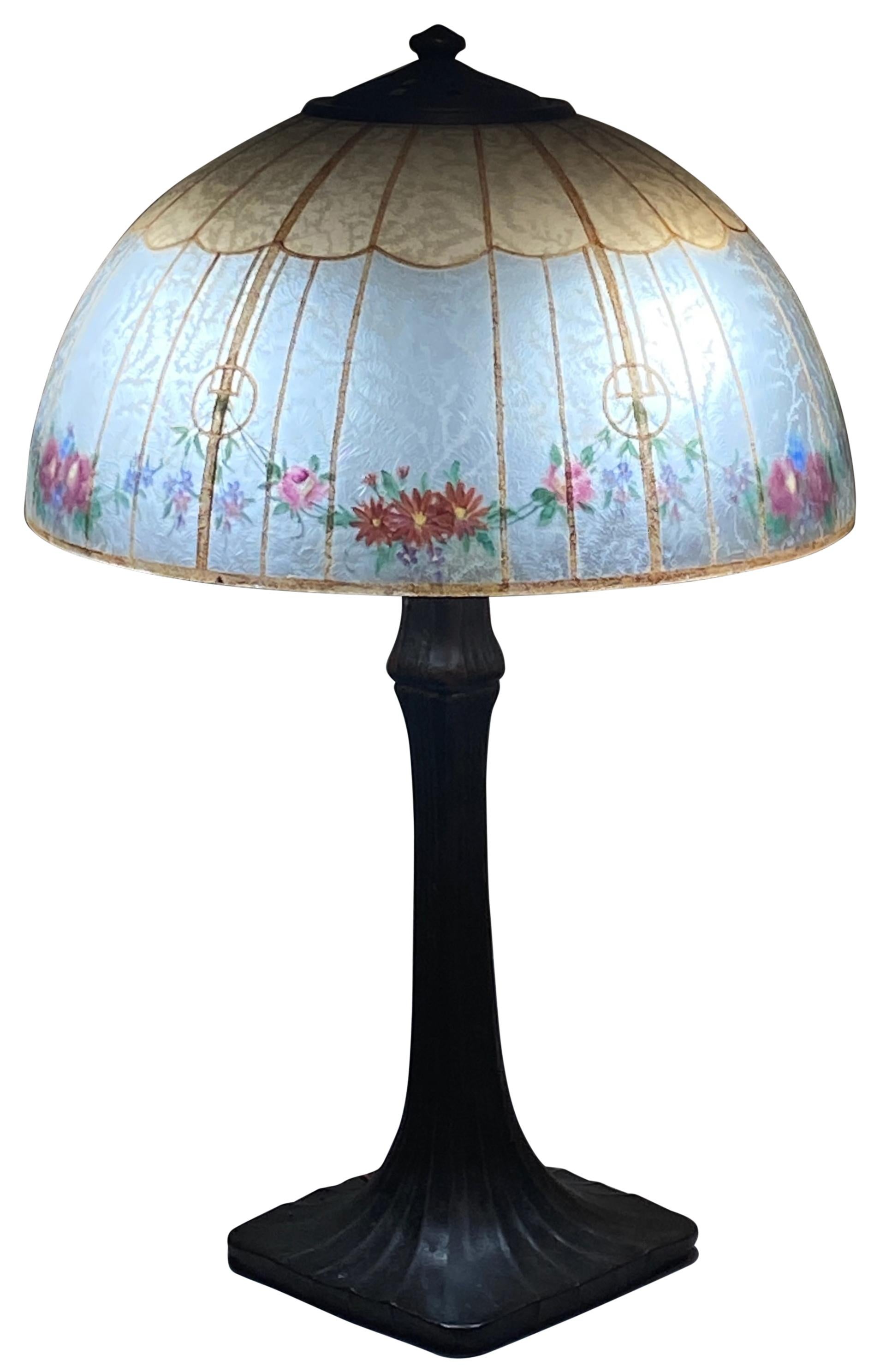 Glass Antique Arts and Crafts Era Handel Lamp with Hand Painted Shade Circa 1910  For Sale