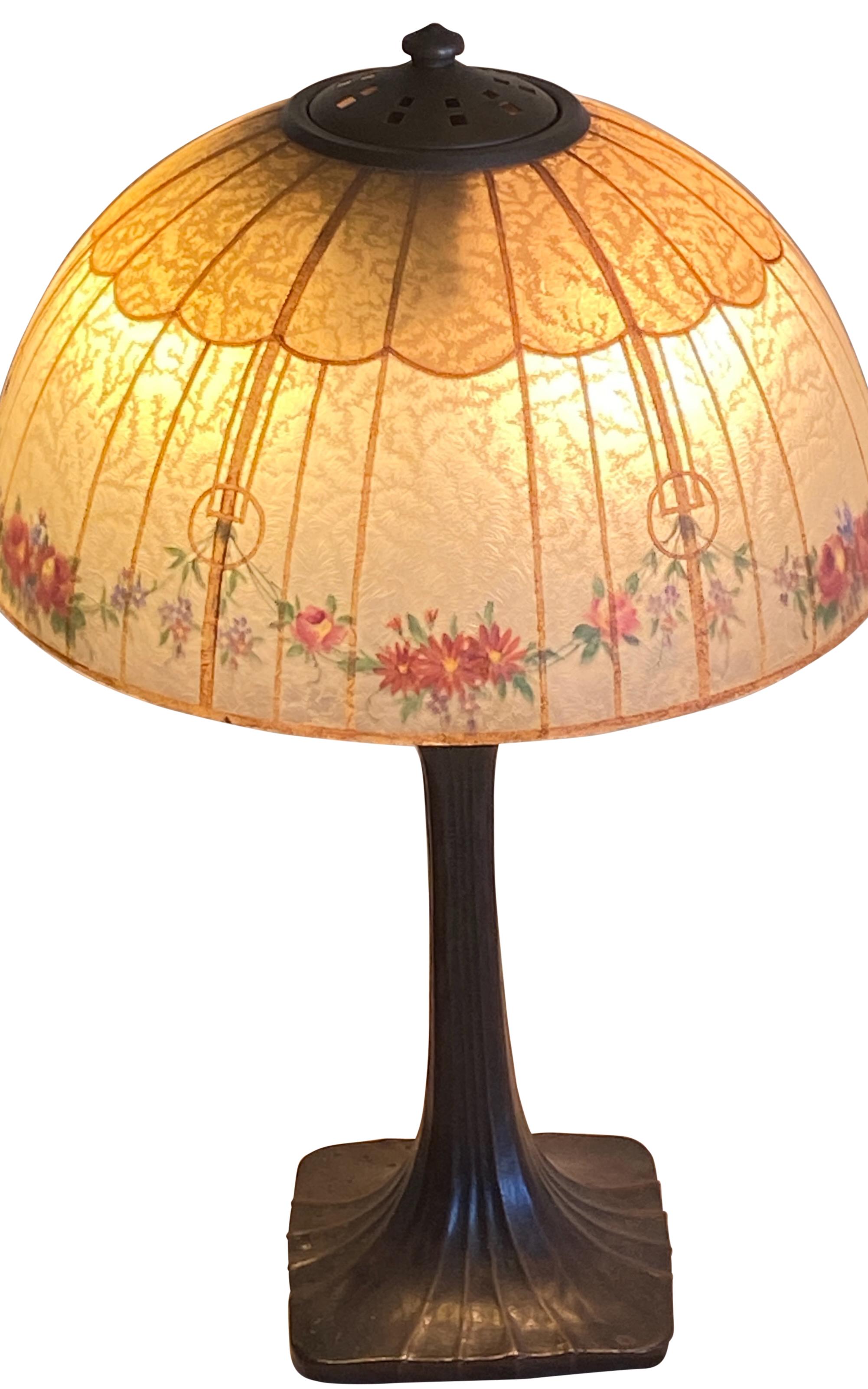 American Antique Arts and Crafts Era Handel Lamp with Hand Painted Shade Circa 1910  For Sale