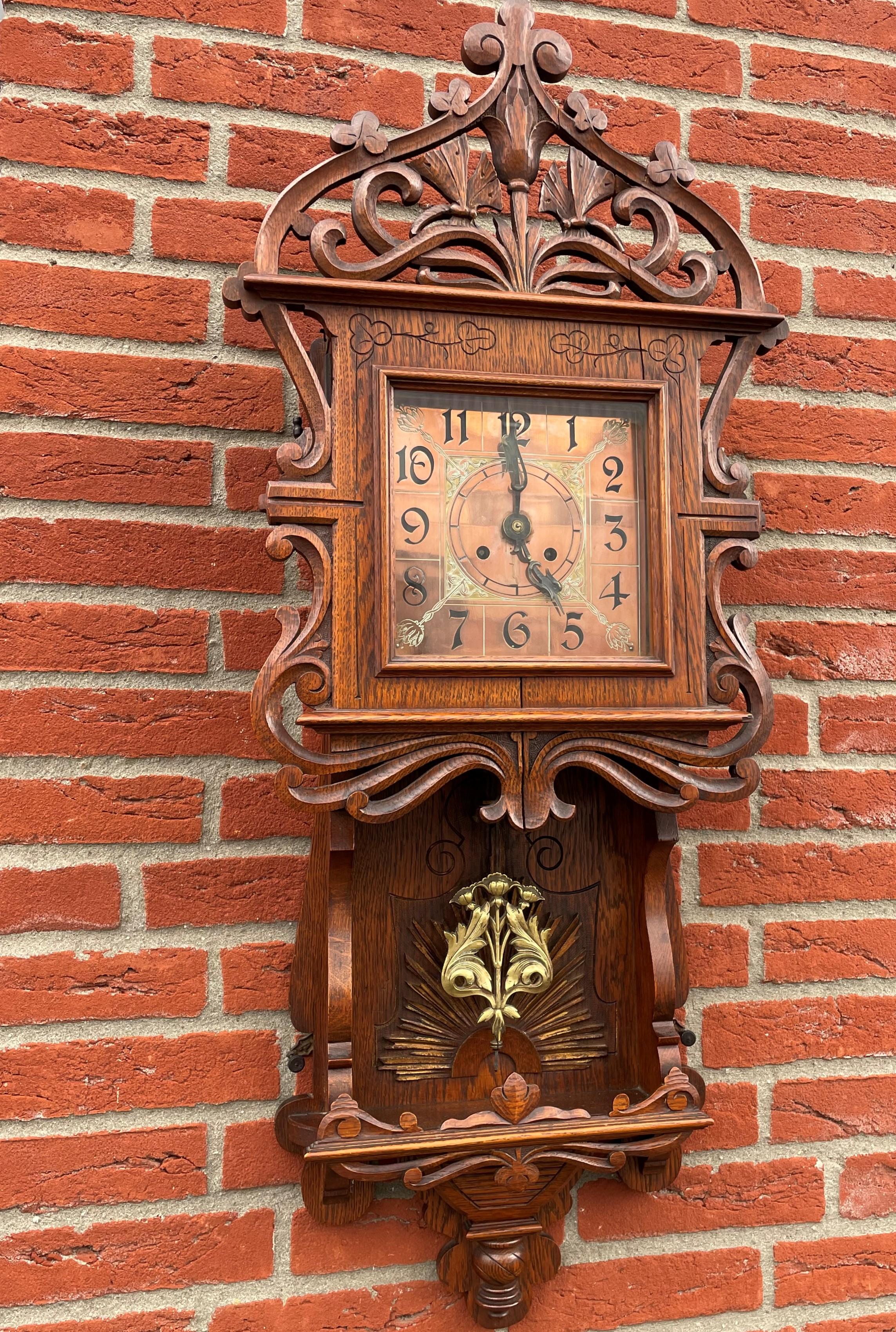 Antique Gothic Revival Wall Clock w. Trefoil, Holy Light & Butterfly Sculptures 11