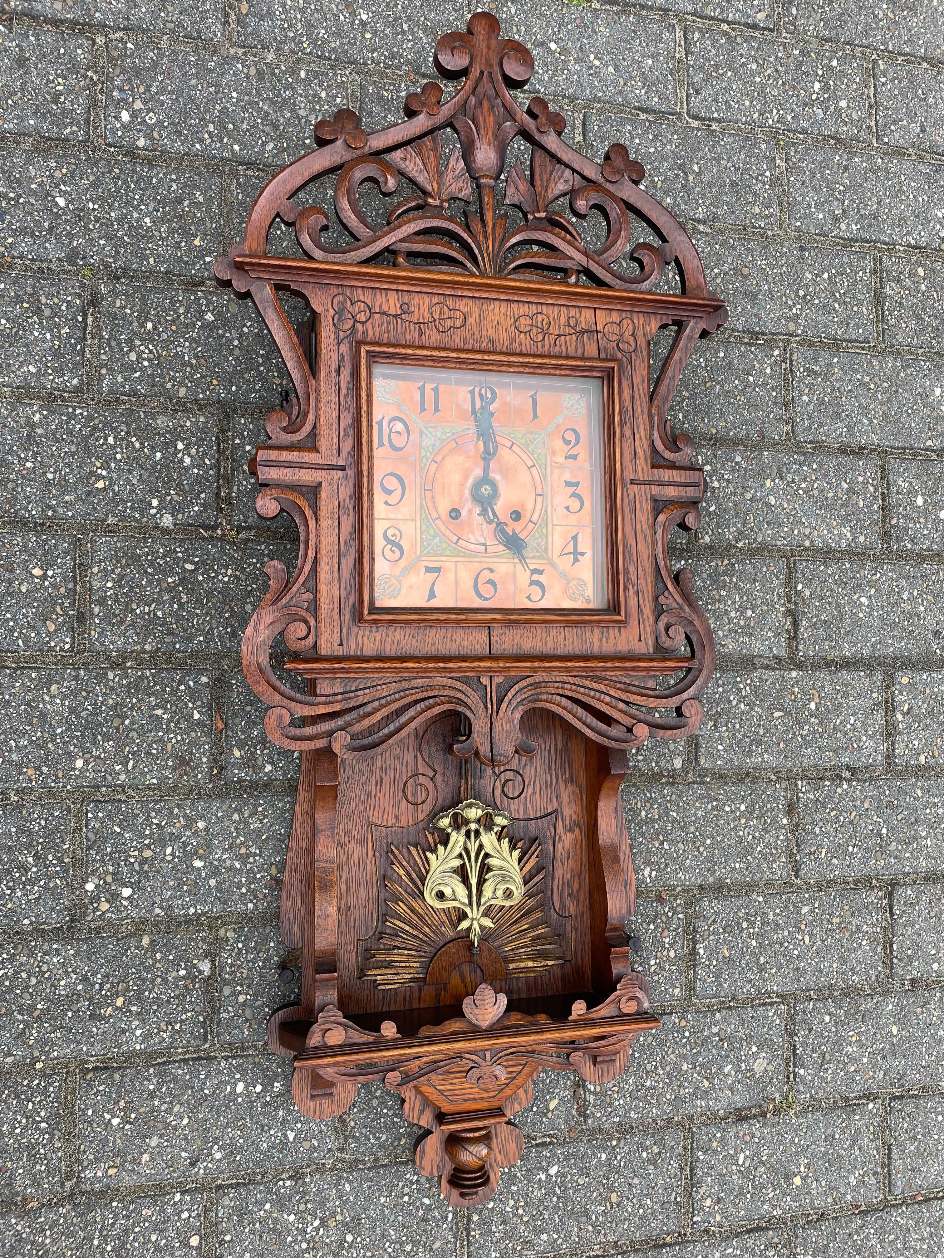 Polished Antique Gothic Revival Wall Clock w. Trefoil, Holy Light & Butterfly Sculptures