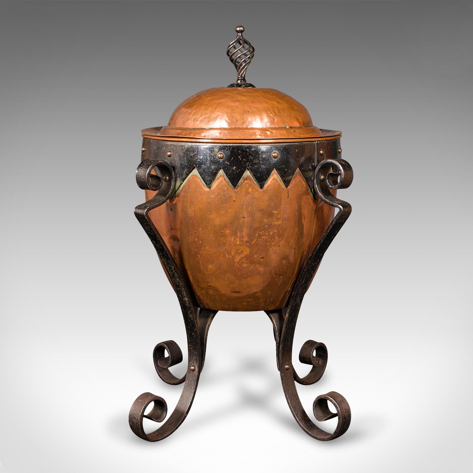 British Antique Arts and Crafts Fireside Bin, English, Copper, Log, Coal, Victorian