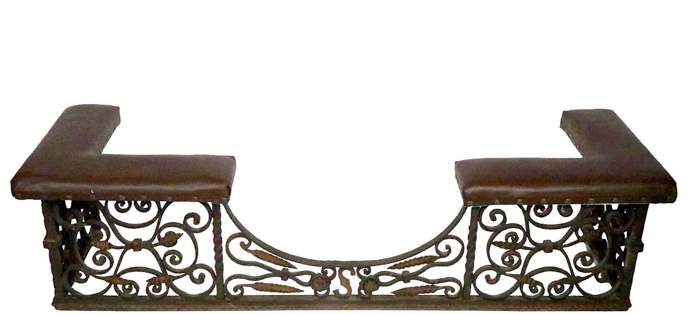 Antique Arts and Crafts Gothic Spanish Style Wrought Iron Bench Club Fender For Sale 4