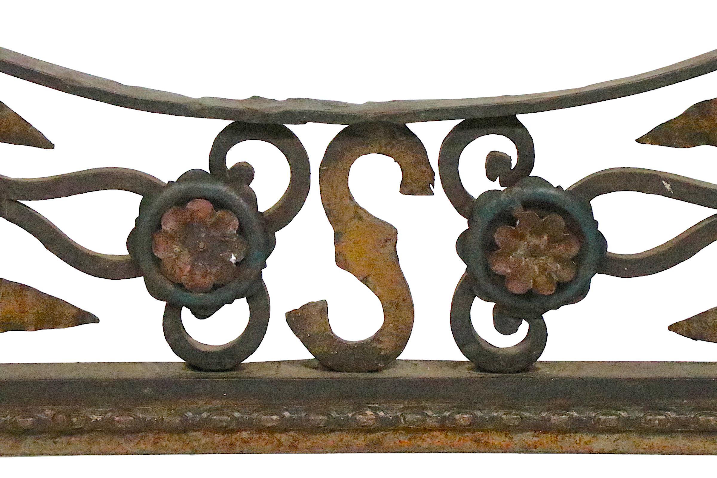 Antique Arts and Crafts Gothic Spanish Style Wrought Iron Bench Club Fender For Sale 7