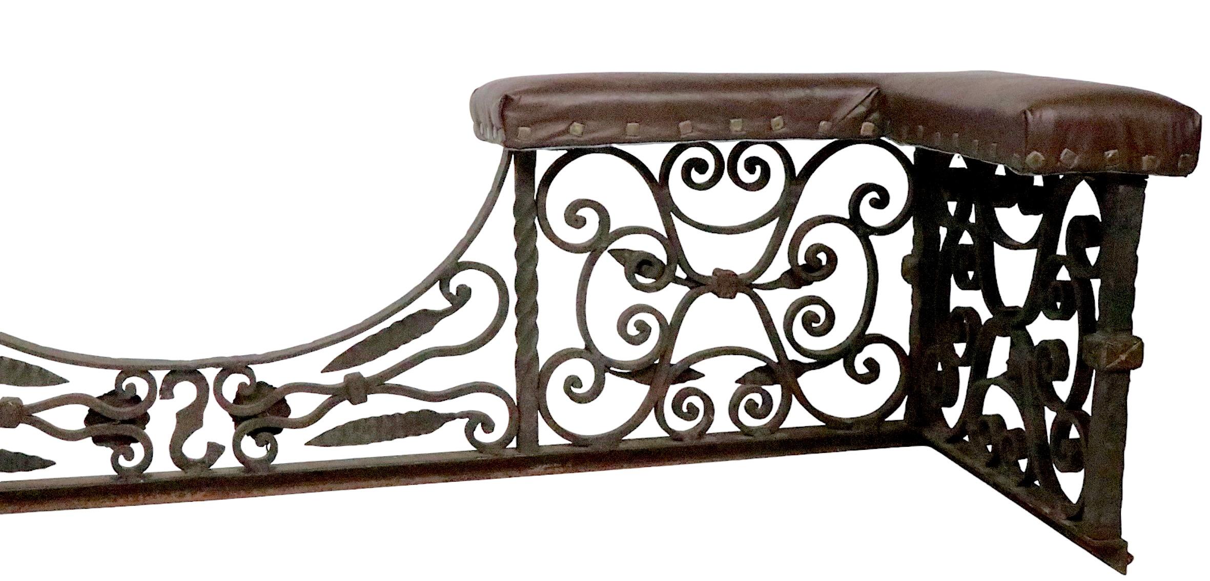 Antique Arts and Crafts Gothic Spanish Style Wrought Iron Bench Club Fender For Sale 12