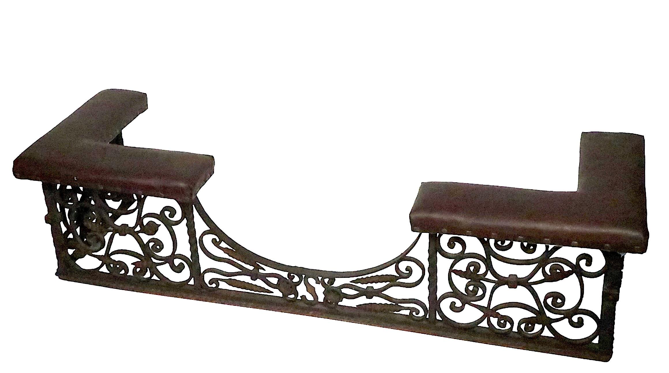 Upholstery Antique Arts and Crafts Gothic Spanish Style Wrought Iron Bench Club Fender For Sale