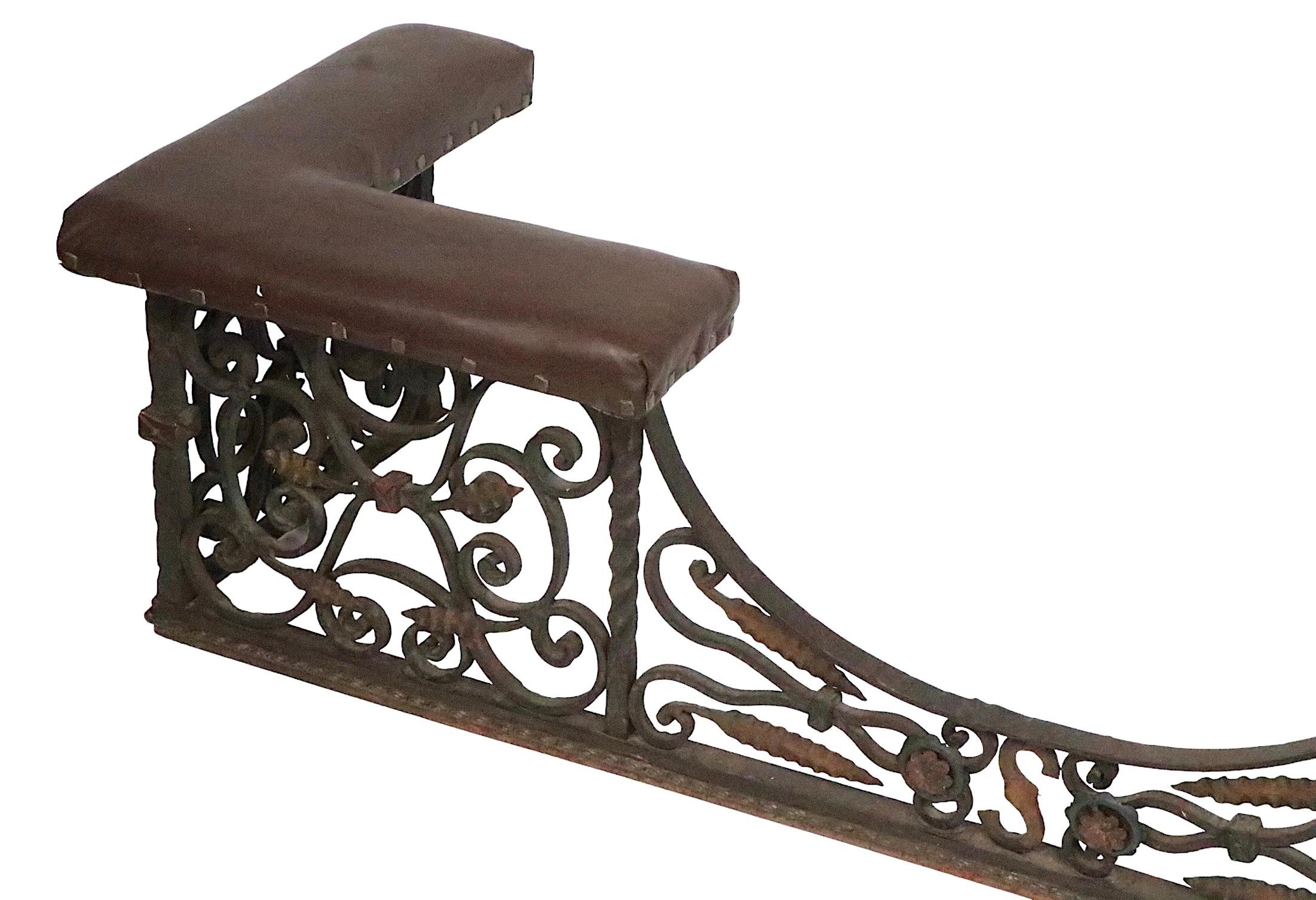 Antique Arts and Crafts Gothic Spanish Style Wrought Iron Bench Club Fender For Sale 2