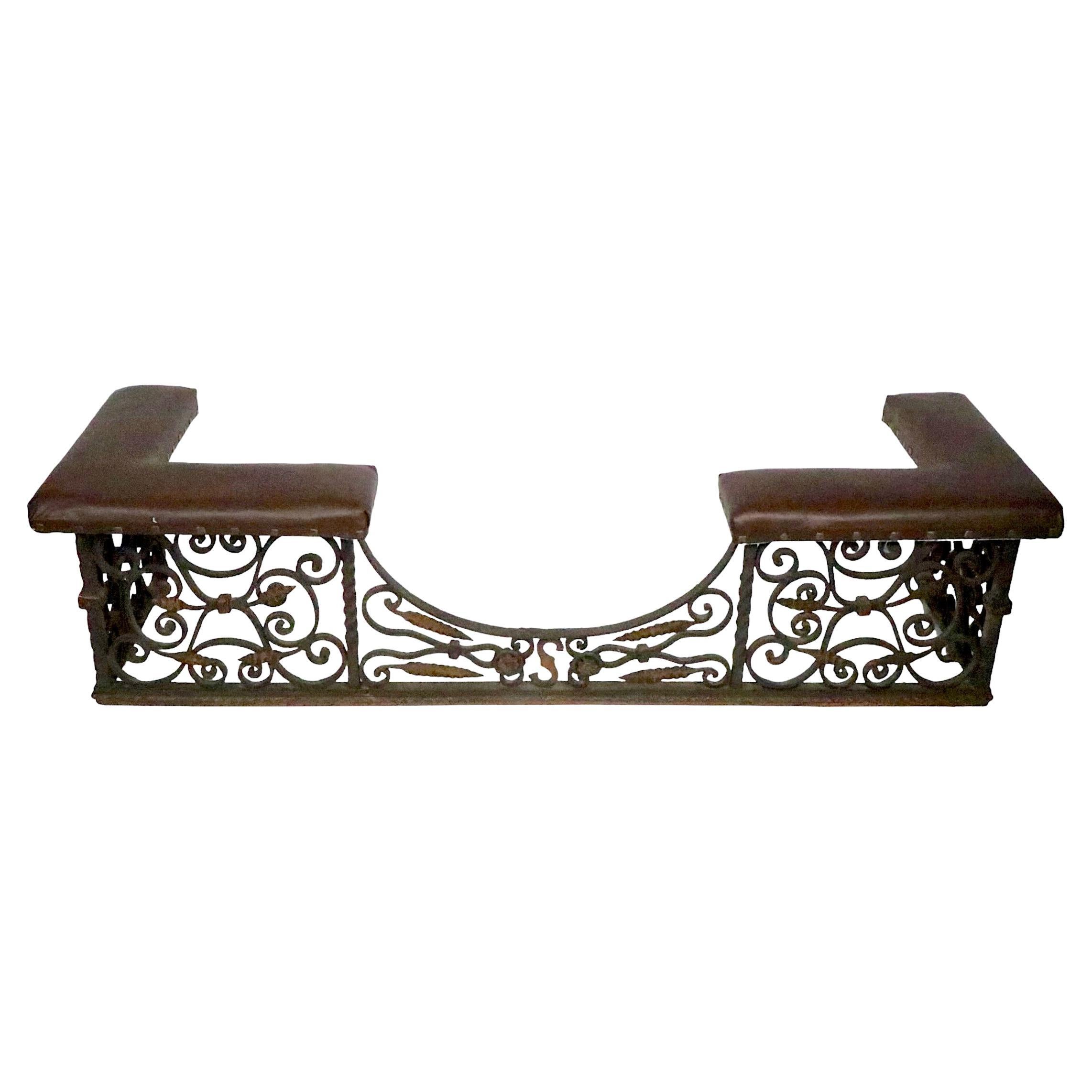 Antique Arts and Crafts Gothic Spanish Style Wrought Iron Bench Club Fender For Sale