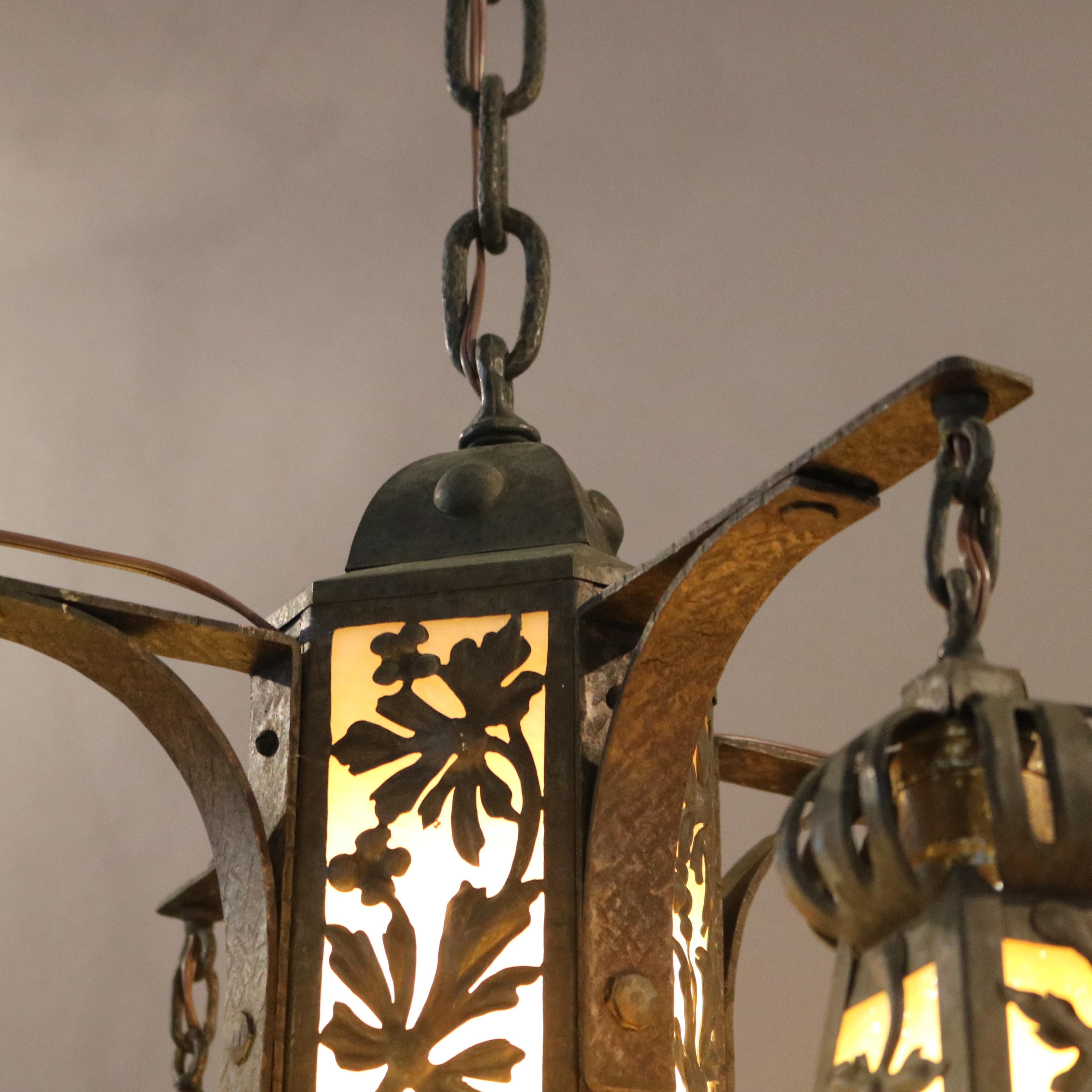Antique Arts & Crafts Hammered Metal & Slag Glass Hanging Ceiling Fixture C 3