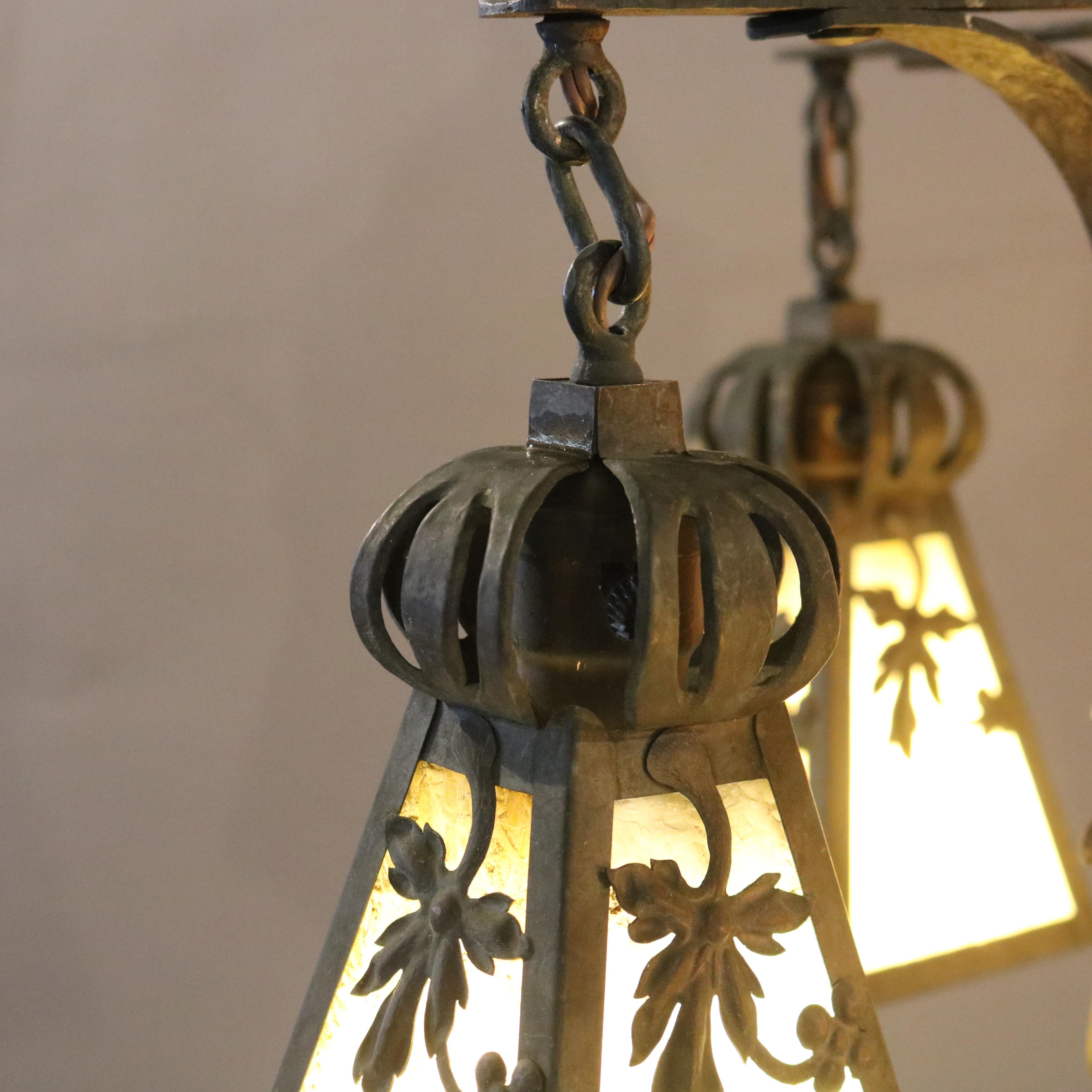 Antique Arts & Crafts Hammered Metal & Slag Glass Hanging Ceiling Fixture C 8