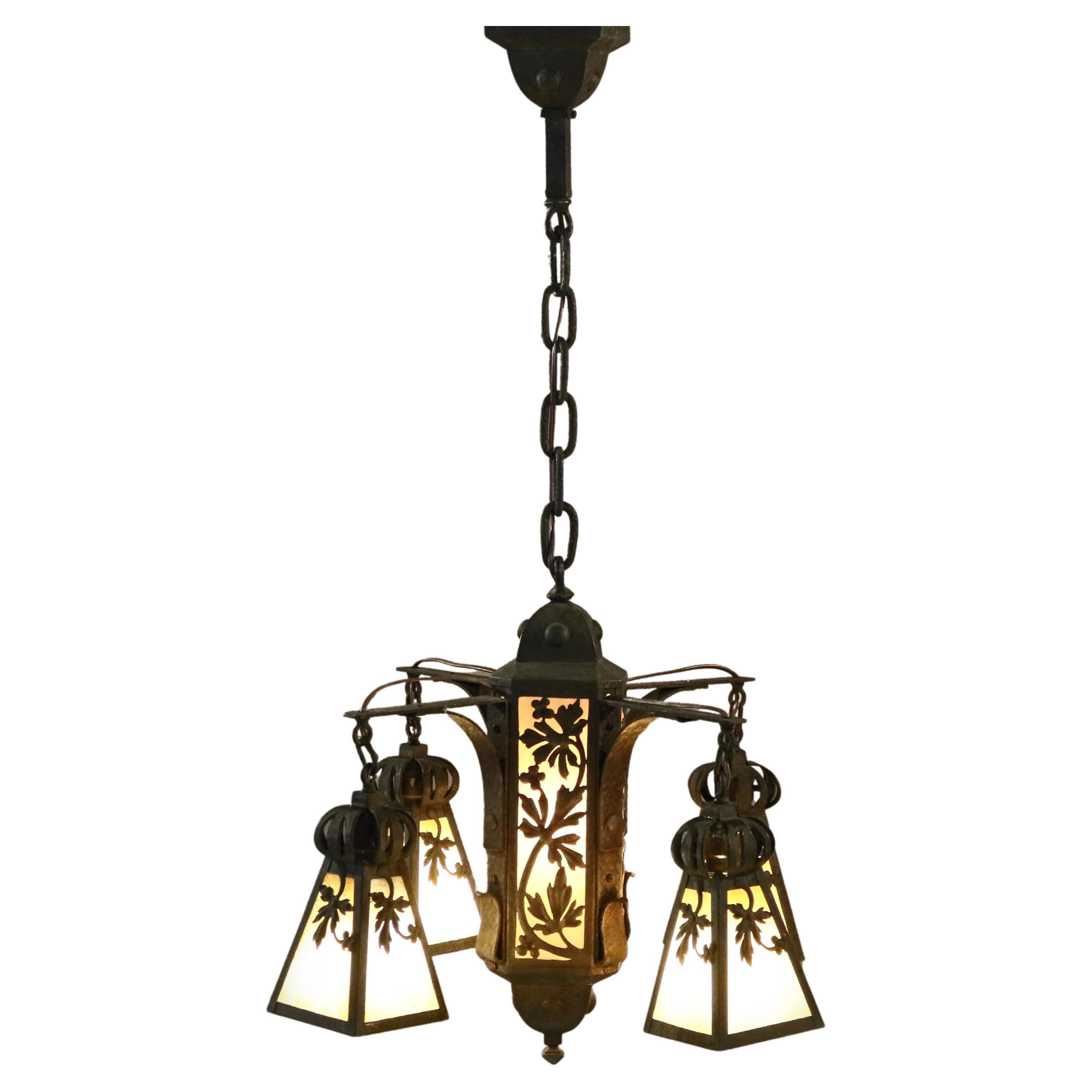 Antique Arts 
Crafts Hammered Metal 
Slag Glass Hanging Ceiling Fixture C