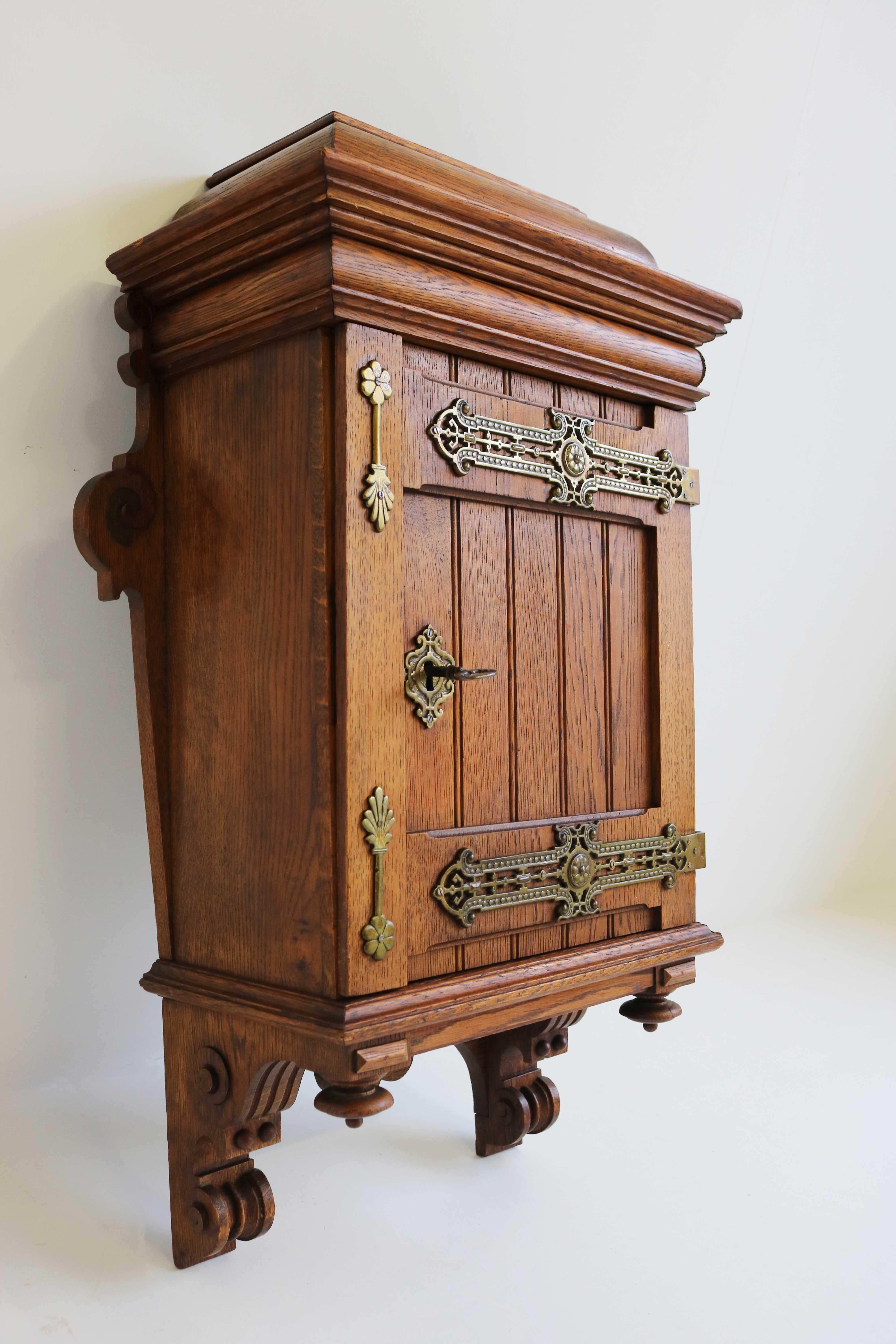 Antique Arts and Crafts Hand Carved Small Wall Cabinet European Oak Brass, 1900s For Sale 3