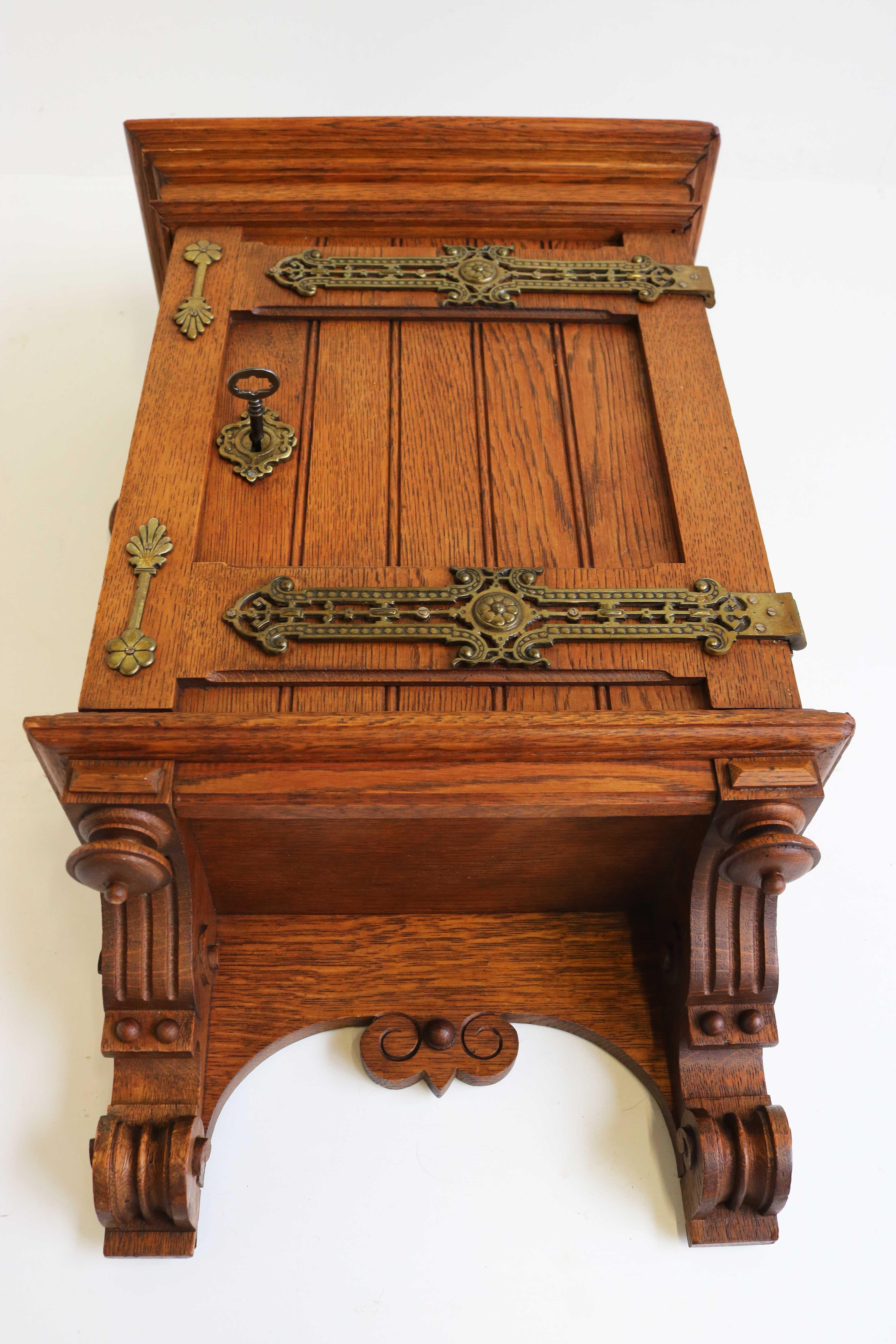 Antique Arts and Crafts Hand Carved Small Wall Cabinet European Oak Brass, 1900s For Sale 6