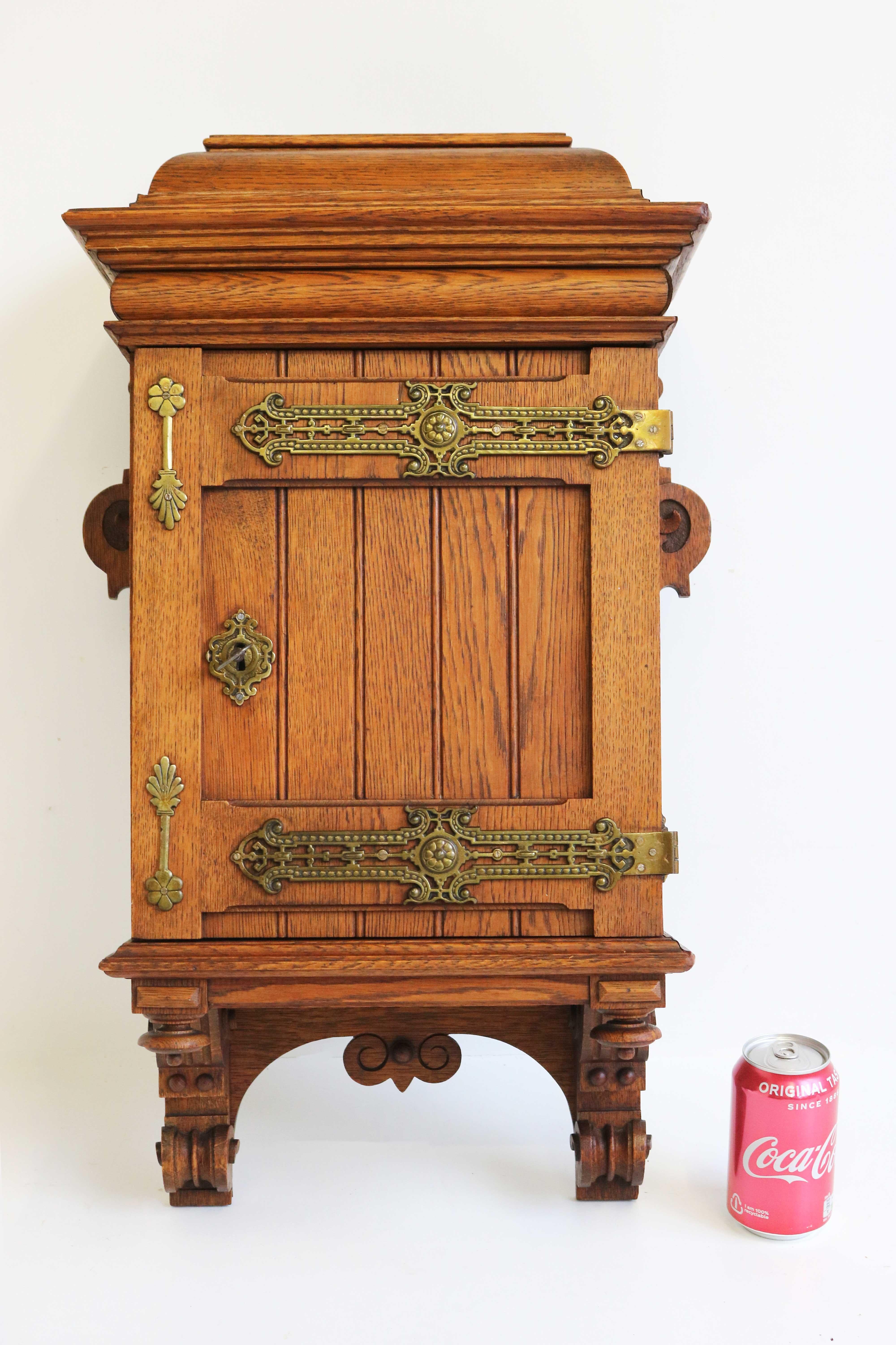 Antique Arts and Crafts Hand Carved Small Wall Cabinet European Oak Brass, 1900s For Sale 11