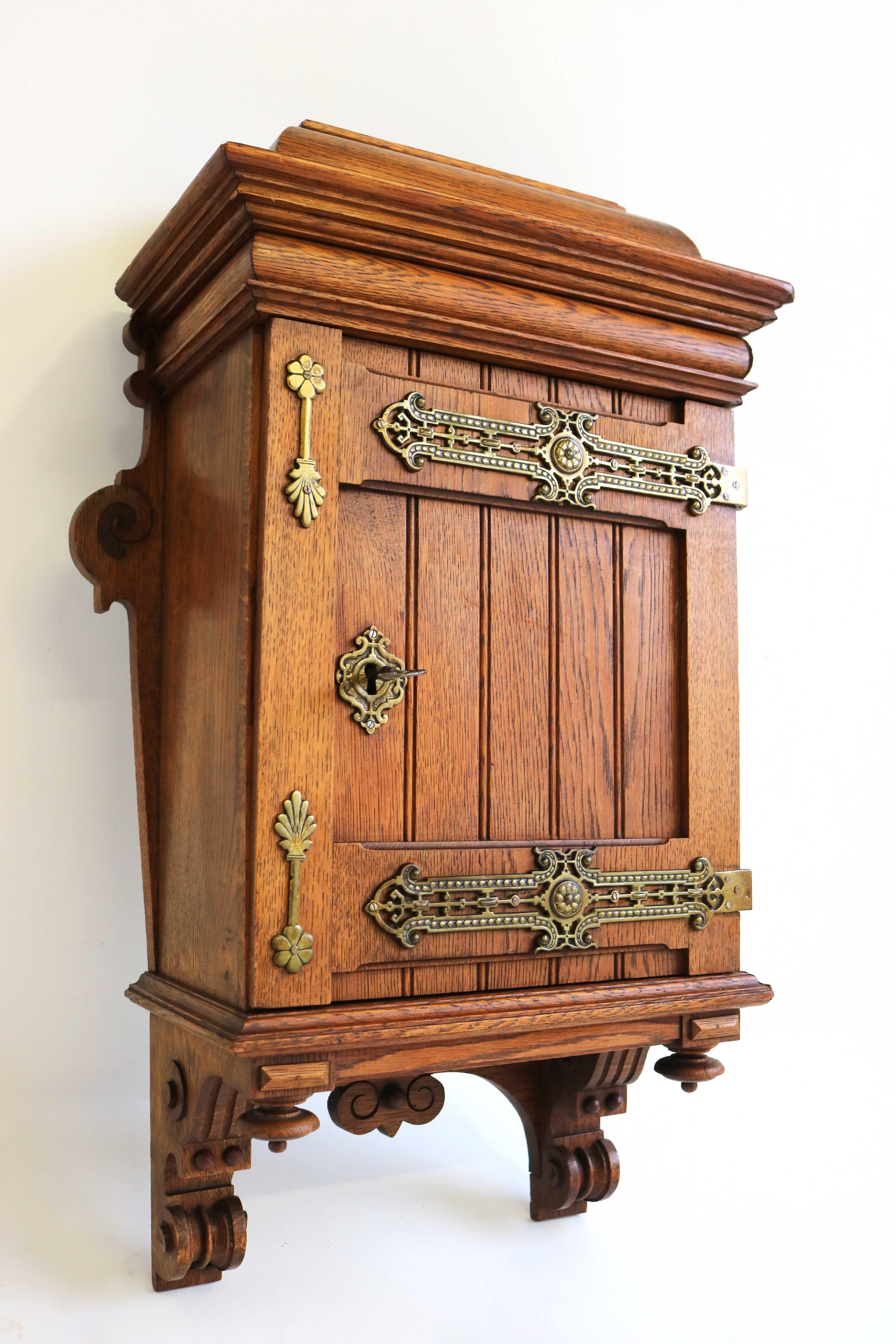 British Antique Arts and Crafts Hand Carved Small Wall Cabinet European Oak Brass, 1900s For Sale