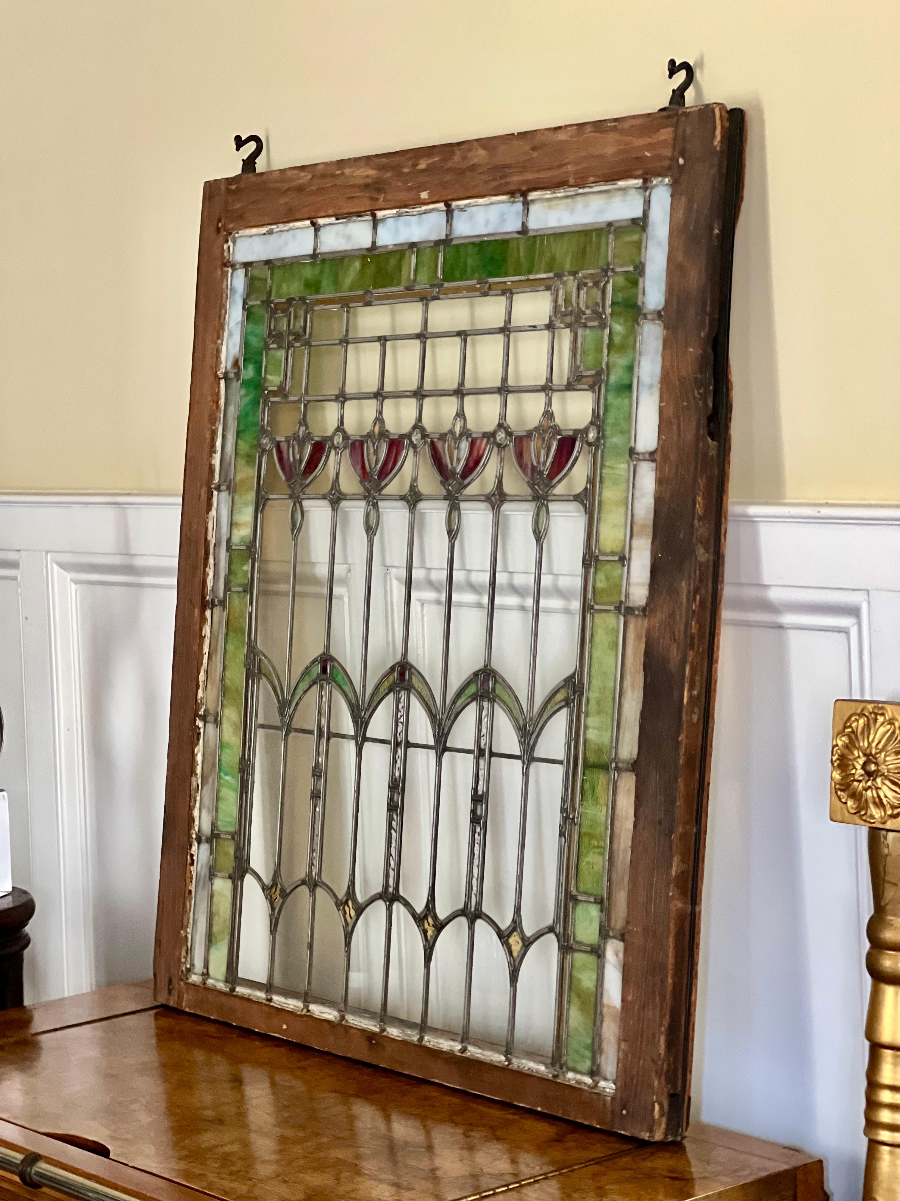 Antique Arts and Crafts Leaded Stained and Clear Glass Window with Wood Frame 11