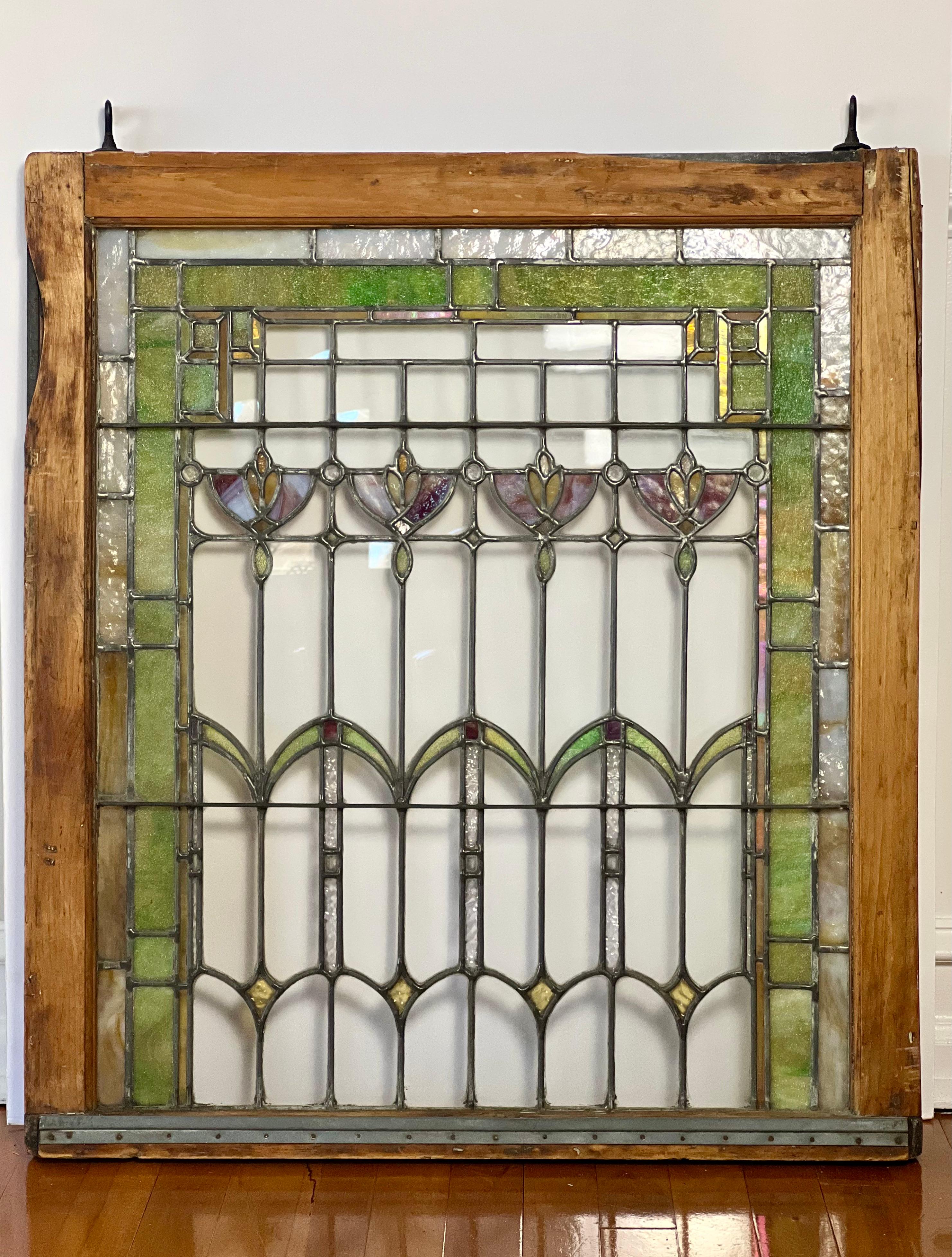 Antique Arts and Crafts Leaded Stained and Clear Glass Window with Wood Frame In Good Condition In Doylestown, PA