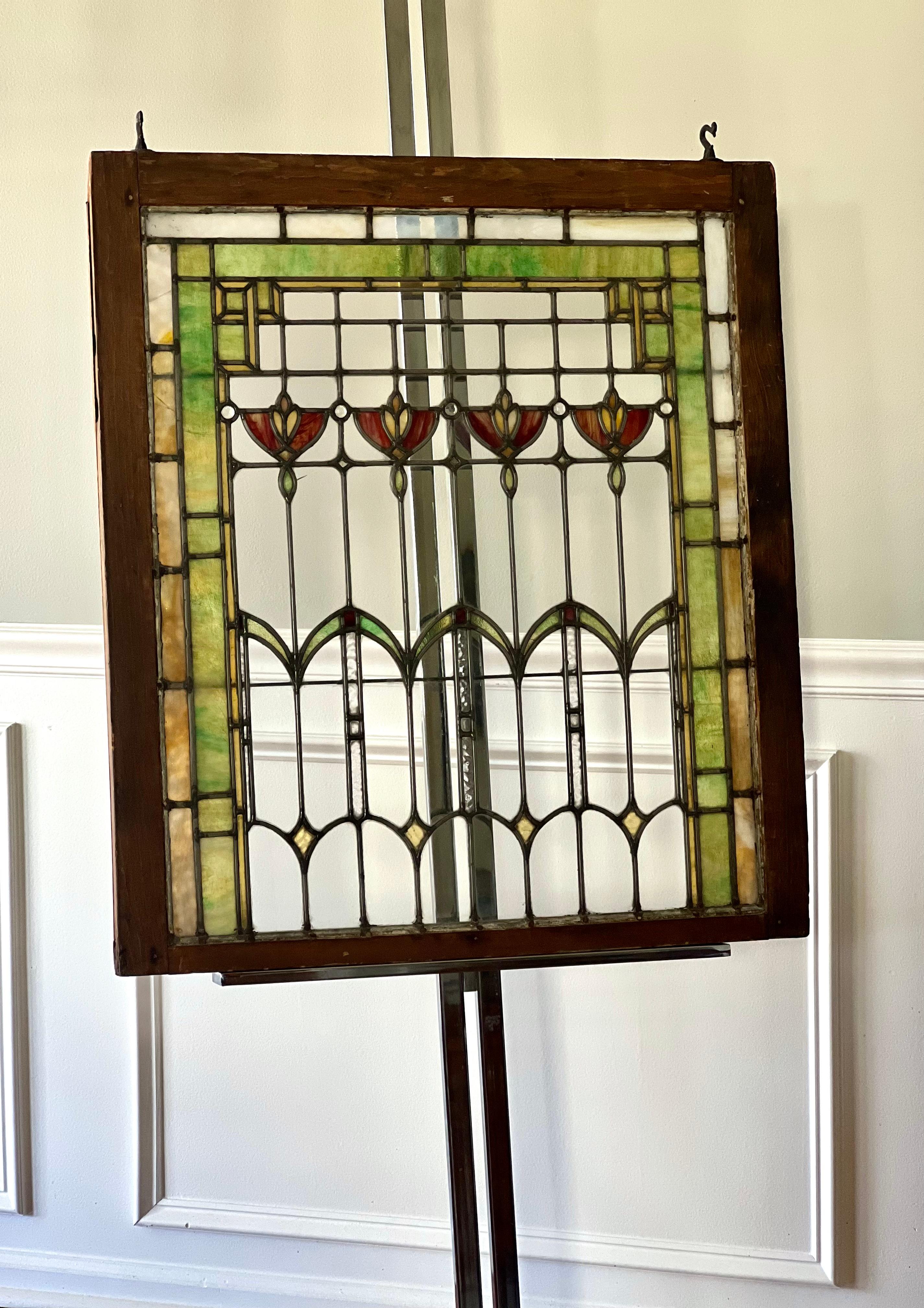 19th Century Antique Arts and Crafts Leaded Stained and Clear Glass Window with Wood Frame