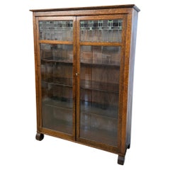 Antique Arts and Crafts Oak 5-Shelf Bookcase with Stained Glass Doors