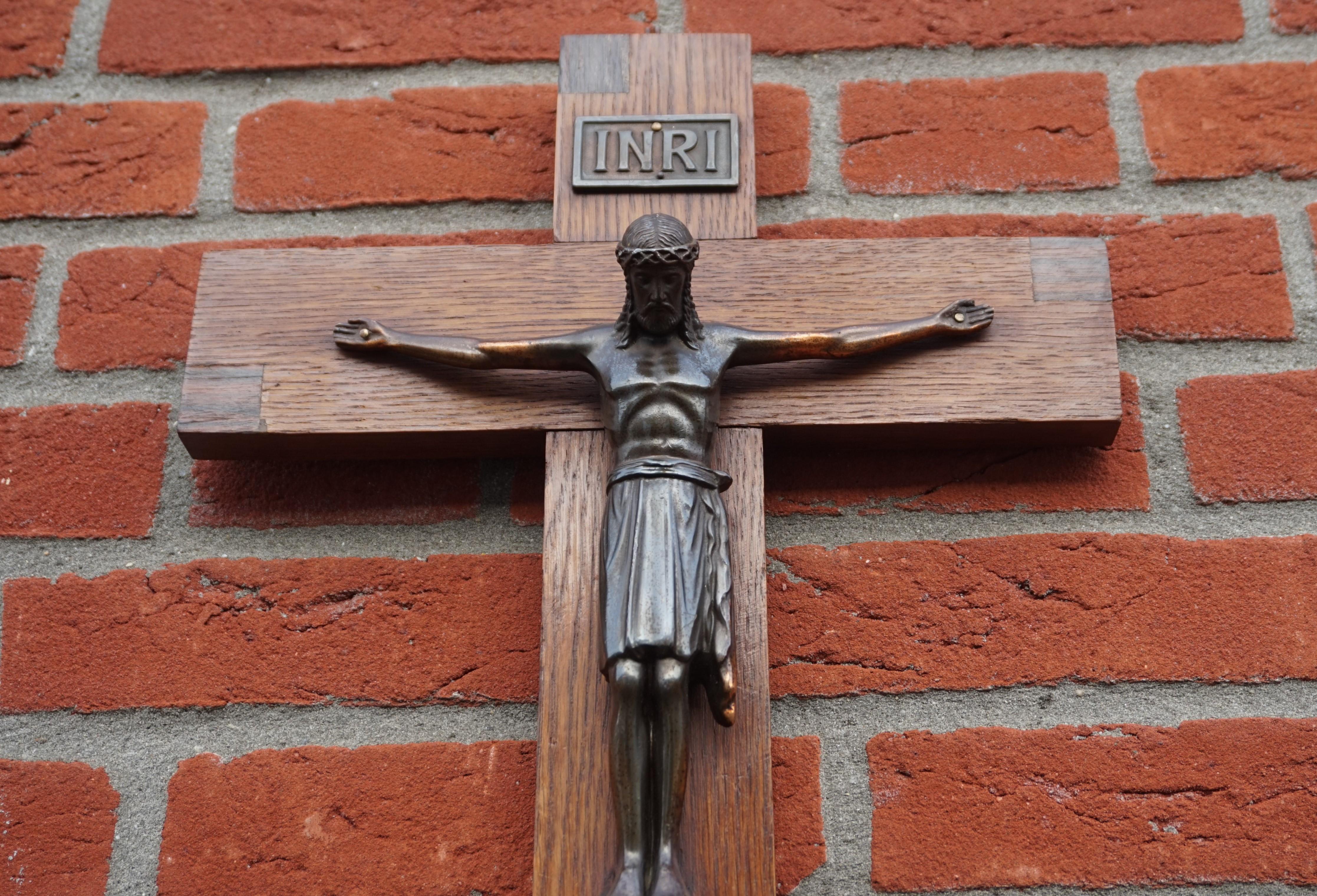 Dutch Antique Arts & Crafts Oak Cross and Bronzed Metal Corpus of Christ Crucifix For Sale