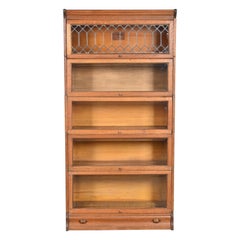 Antique Arts and Crafts Oak Five-Stack Barrister Bookcase with Leaded Glass