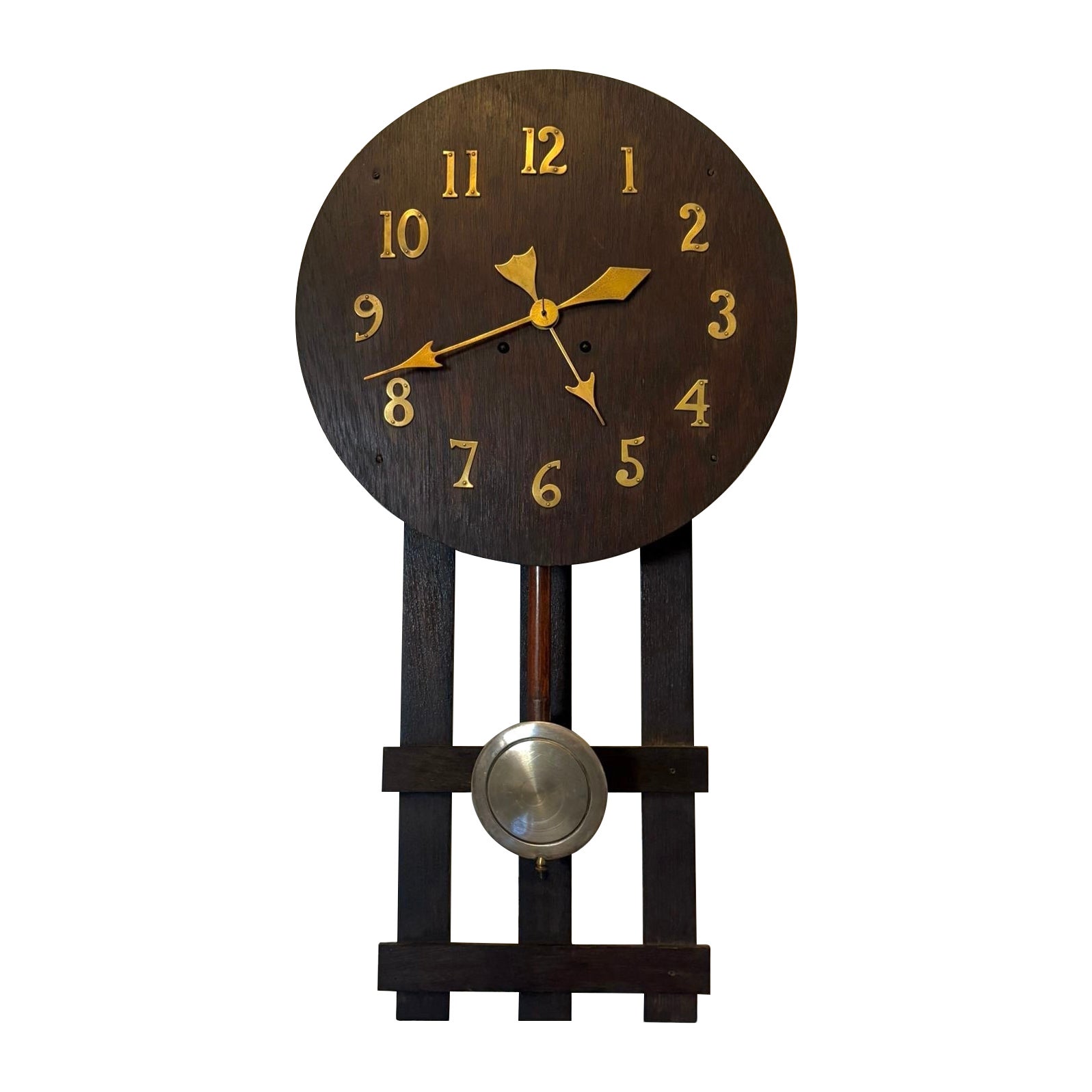 Antique Arts and Crafts Oak Wall Clock Eight Day Striking Movement Brass Numeral