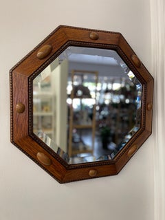 Antique Arts and Crafts Octagonal Beveled Mirror with Carved Oak Frame