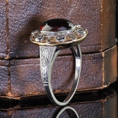 Antique Arts and Crafts Platinum 14K Yellow Gold Old Euro Diamond Garnet Ring