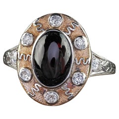 Antique Arts and Crafts Platinum 14K Yellow Gold Old Euro Diamond Garnet Ring