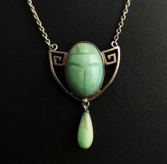Collier scarabée Arts and Crafts ancien en argent sterling et amazonite