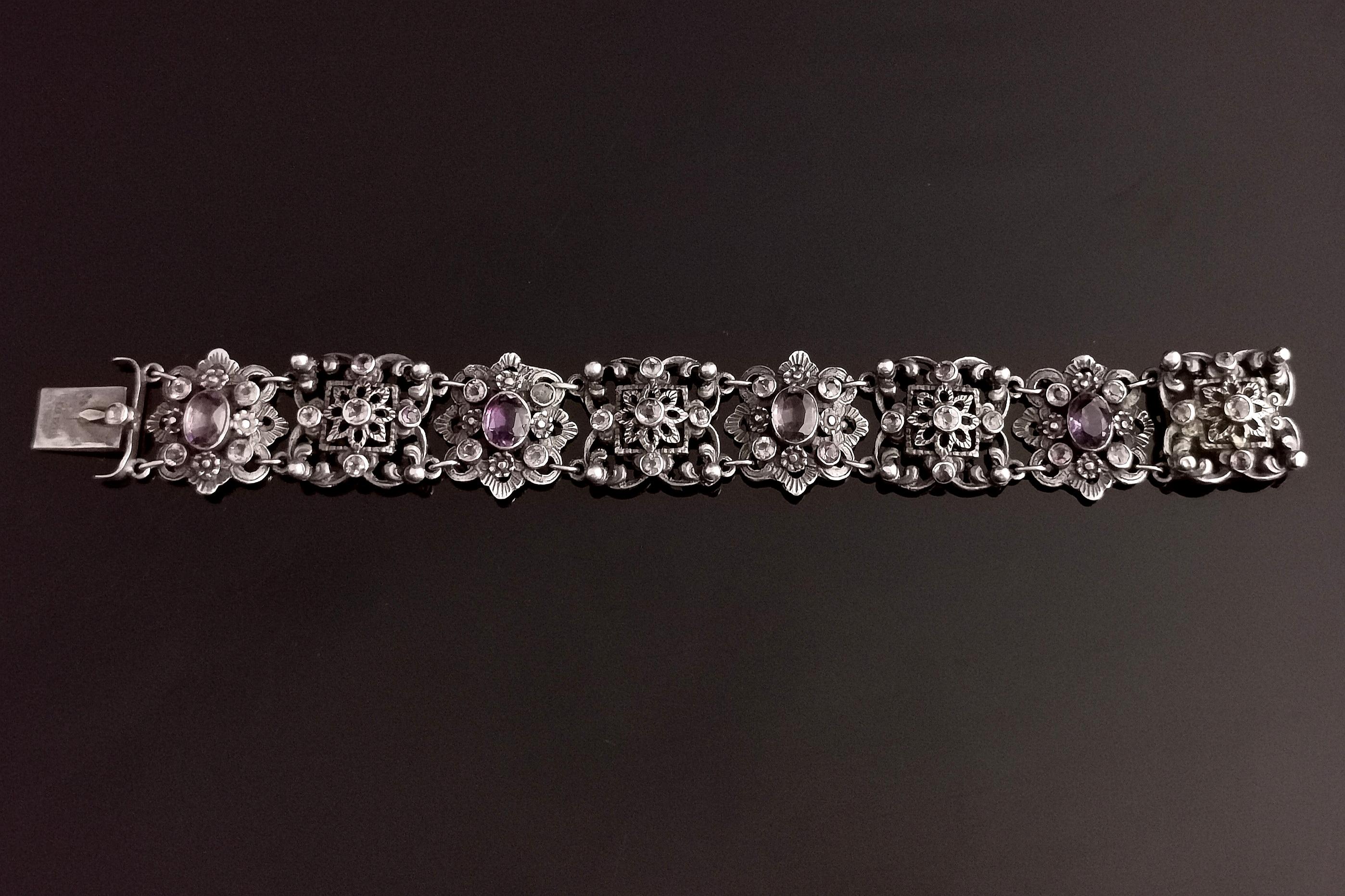 Mixed Cut Antique Arts & Crafts Silver and Amethyst Bracelet 