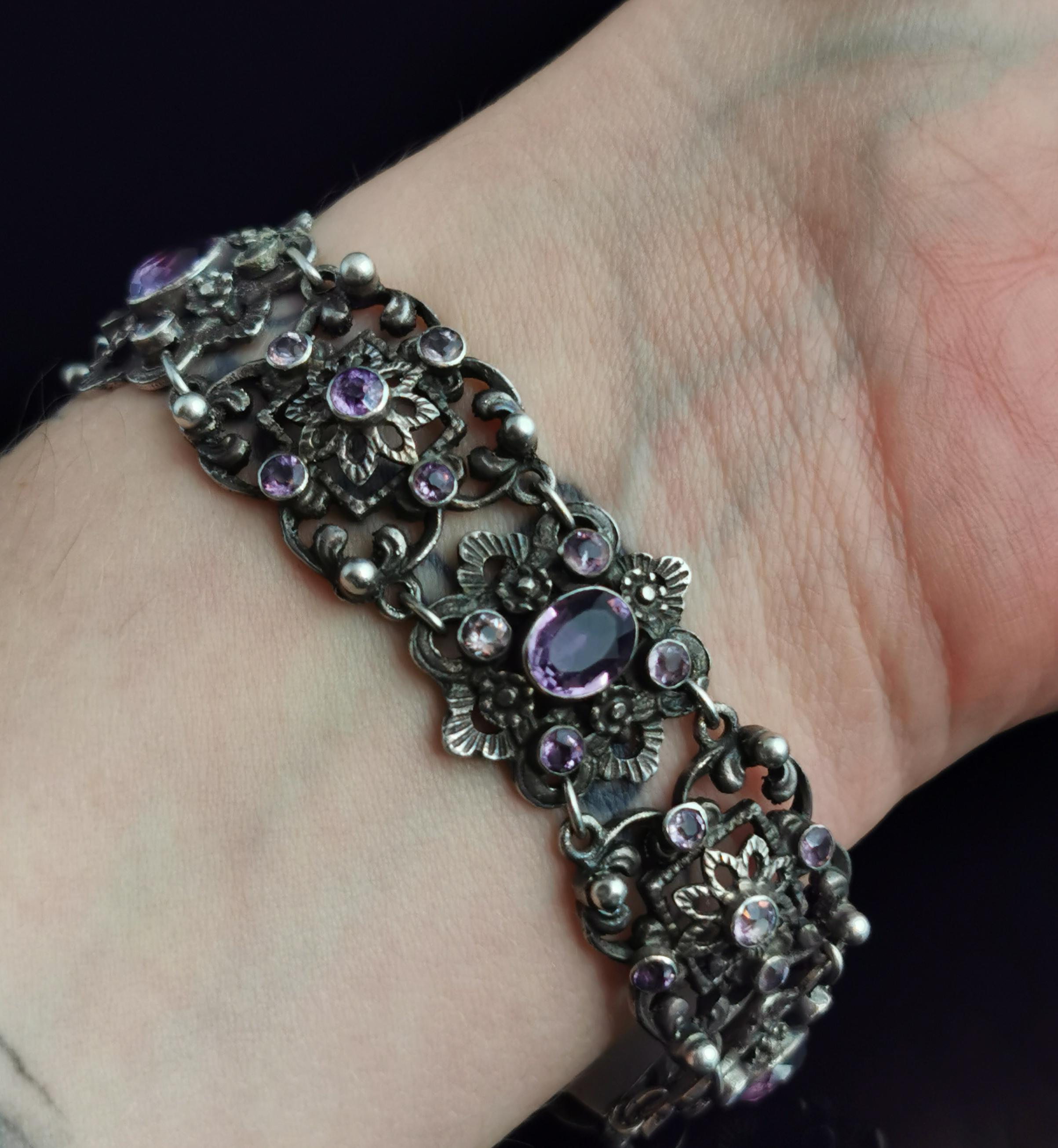 Women's Antique Arts & Crafts Silver and Amethyst Bracelet 
