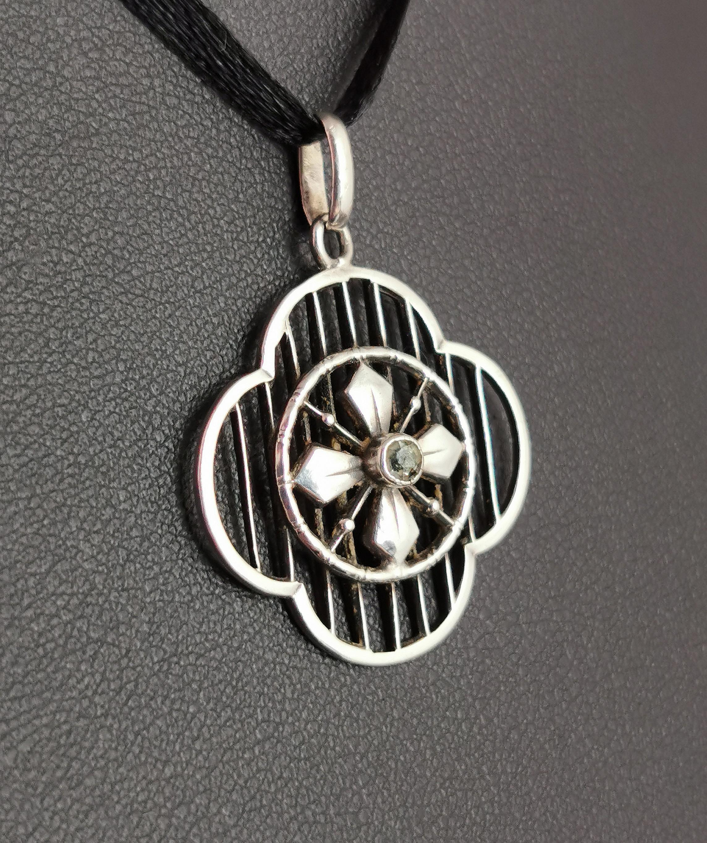 Antique Arts and Crafts Silver and Paste Pendant, Floral In Fair Condition In NEWARK, GB