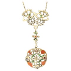 Antique Arts And Crafts Silver Enamel Necklace Polychrome Enamel Garnets