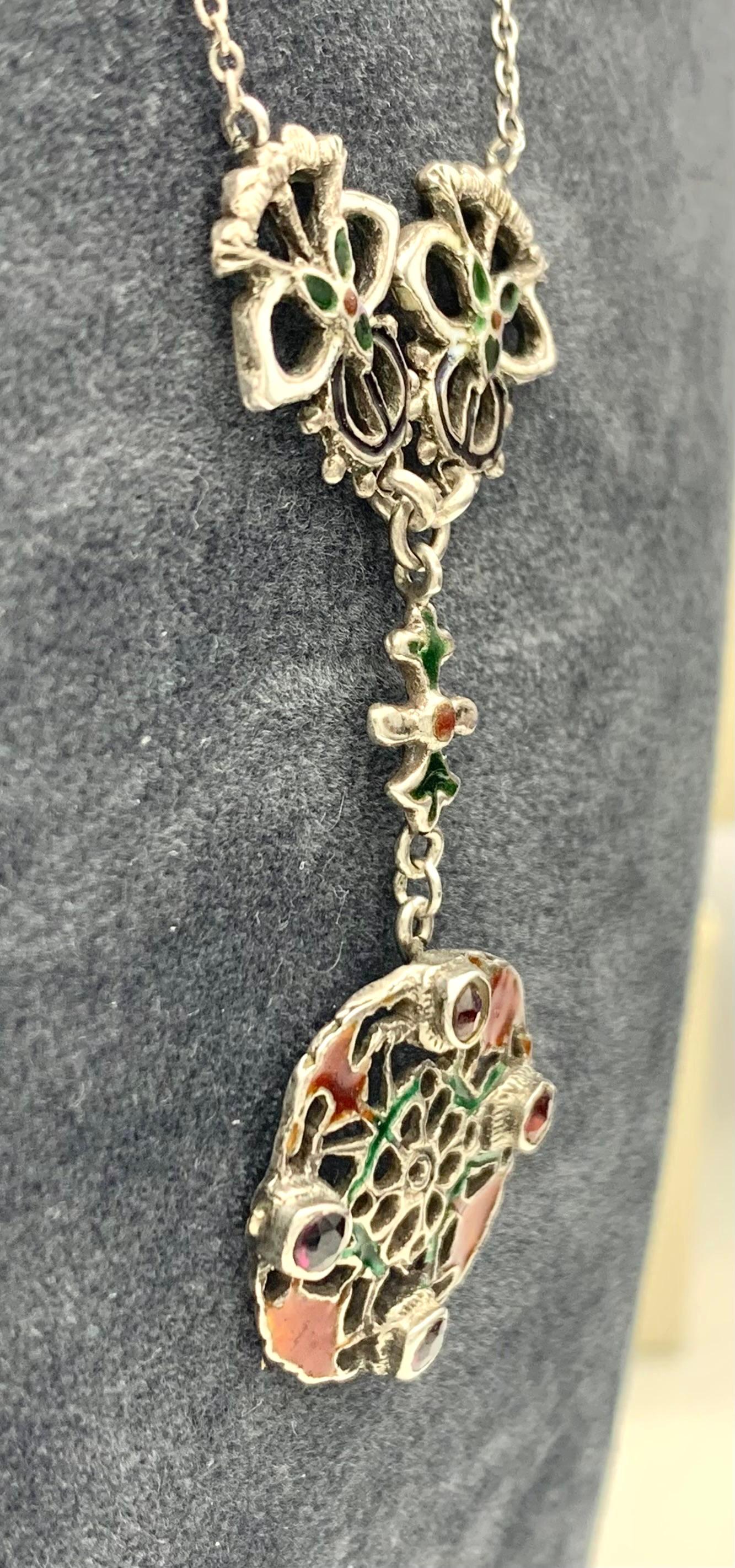 Aesthetic Movement Antique Arts And Crafts Silver Enamel Necklace Polychrome Enamel Garnets  For Sale