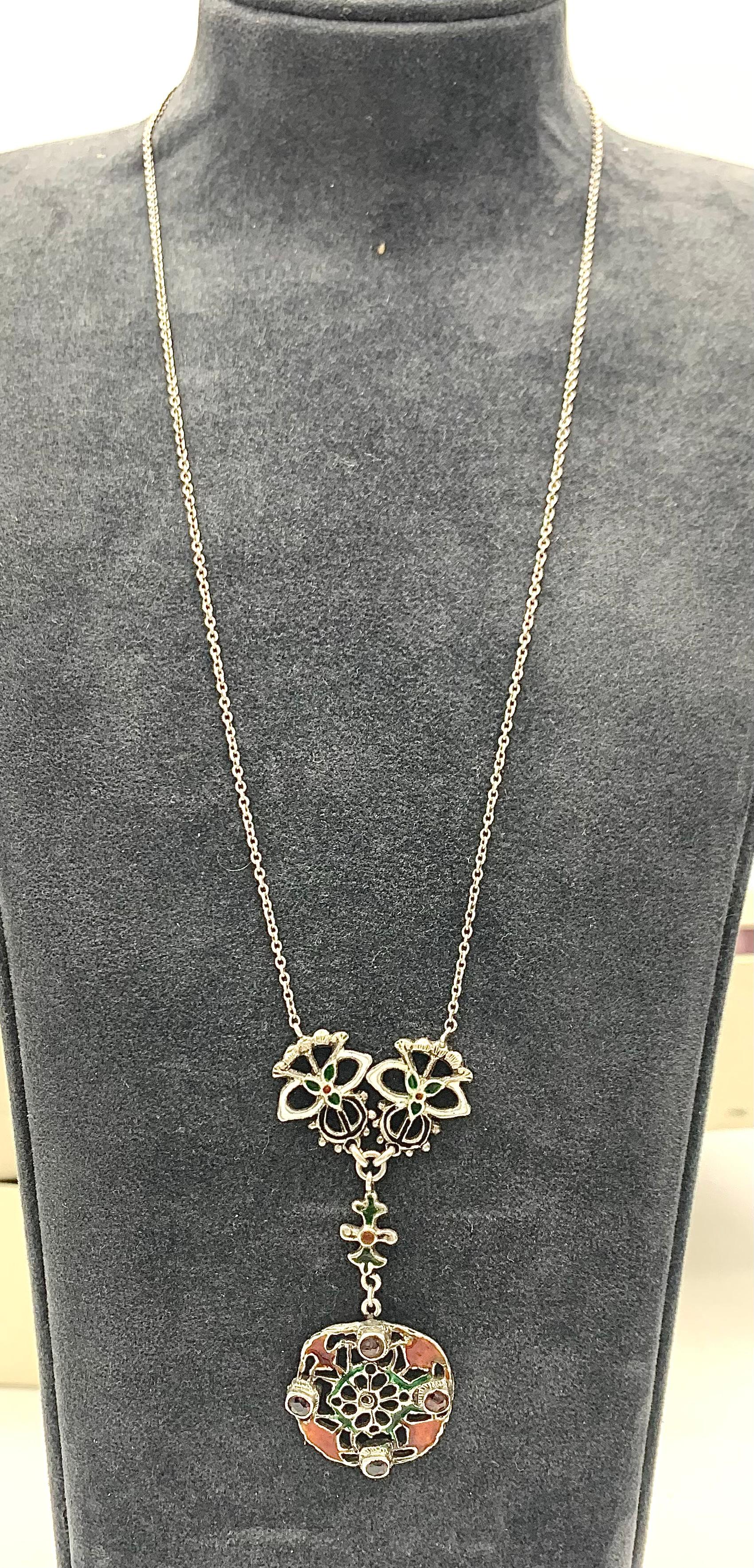 Women's Antique Arts And Crafts Silver Enamel Necklace Polychrome Enamel Garnets  For Sale