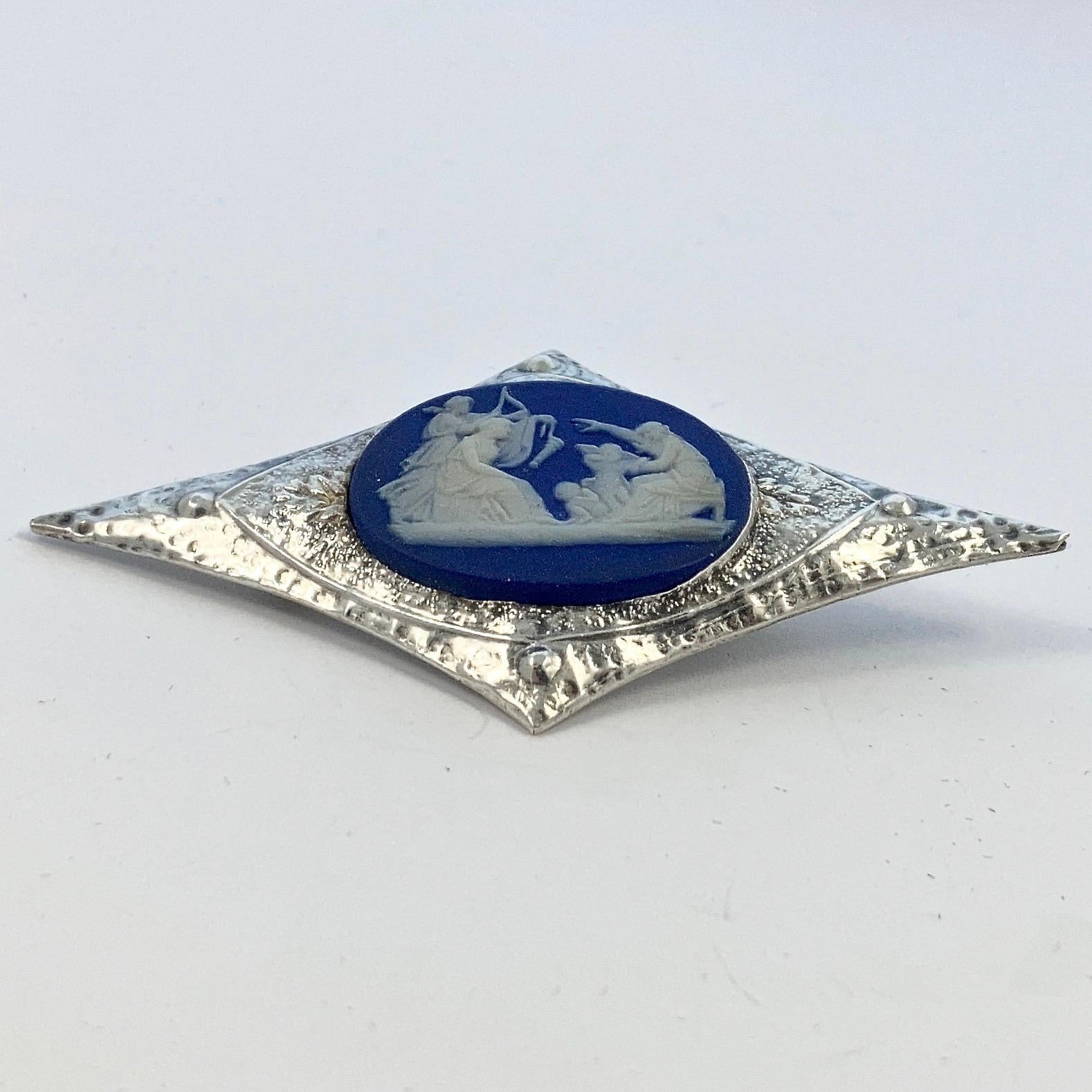 Women's or Men's Antique Arts and Crafts Silver Front Brooch with Blue Cameo circa 1910 For Sale