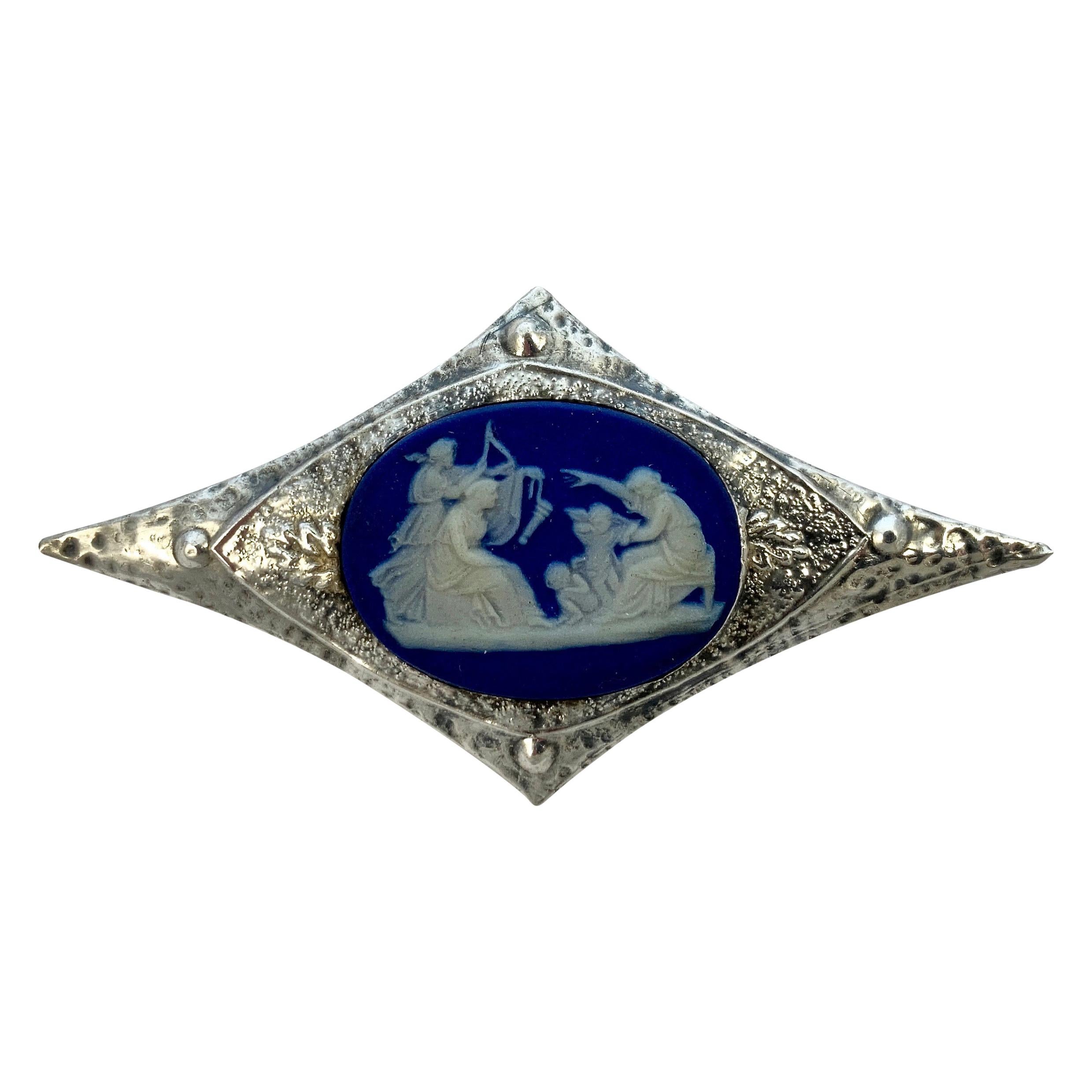 Antique Arts and Crafts Silver Front Brooch with Blue Cameo circa 1910 For Sale