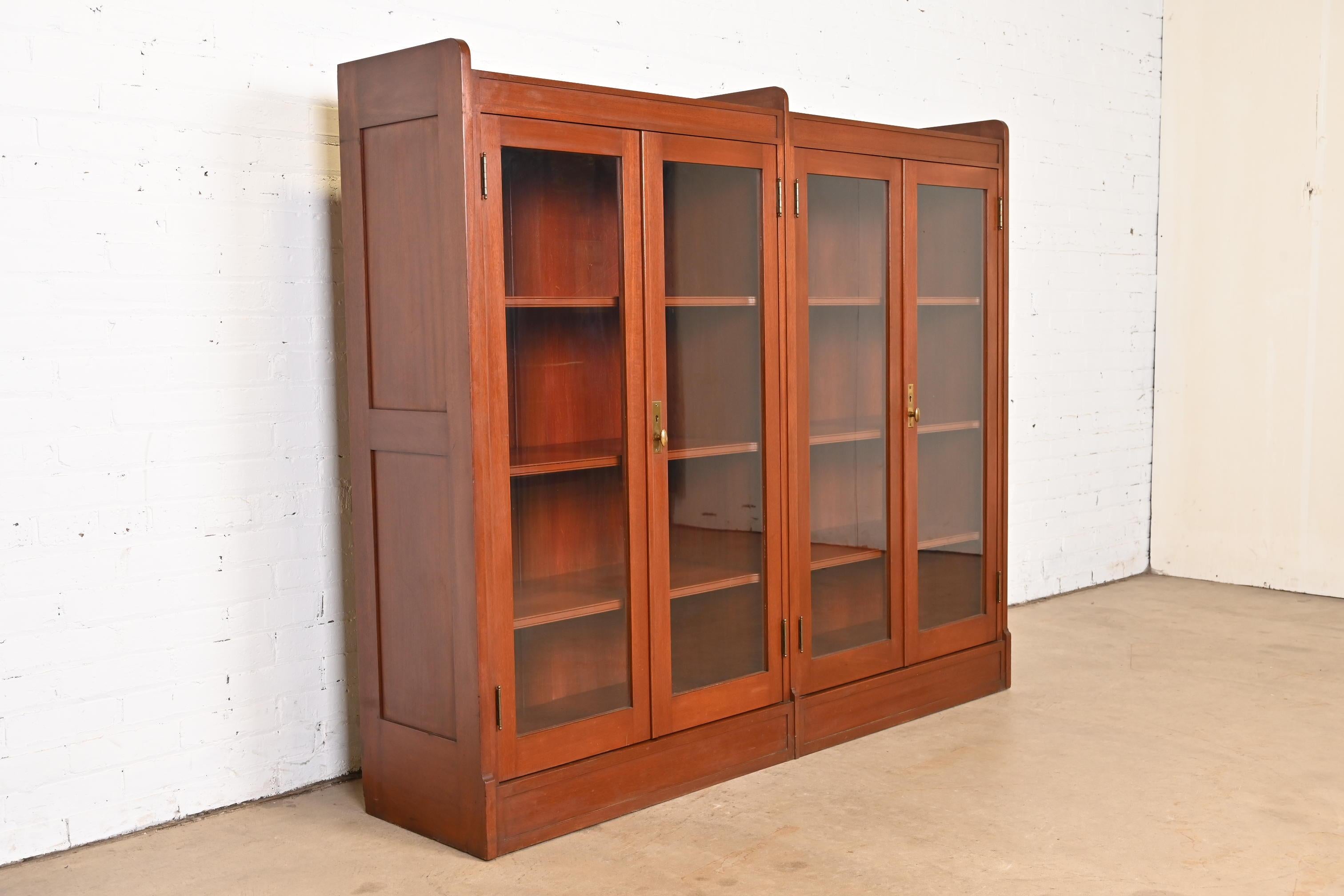 Brass Antique Arts and Crafts Solid Mahogany Double Bookcase, Circa 1920s For Sale