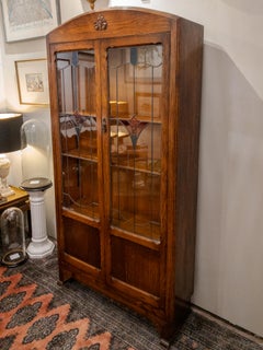 Antique Arts and Crafts Style Oak Bookcase with Leaded Stained Glass Door Fronts