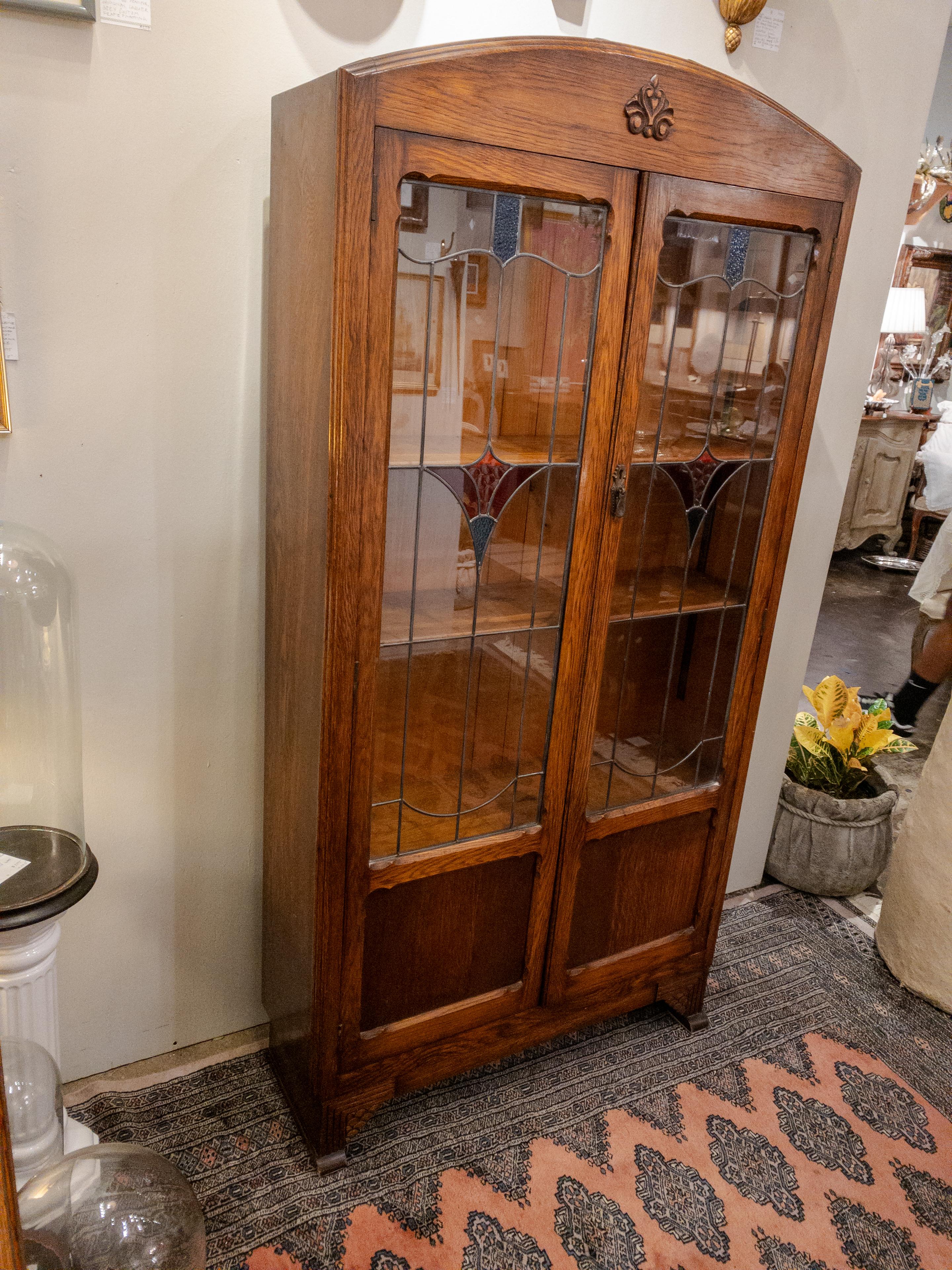 American Antique Arts and Crafts Style Oak Bookcase with Leaded Stained Glass Door Fronts