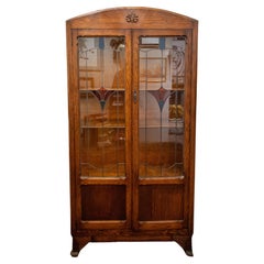 Antique Arts and Crafts Style Oak Bookcase with Leaded Stained Glass Door Fronts