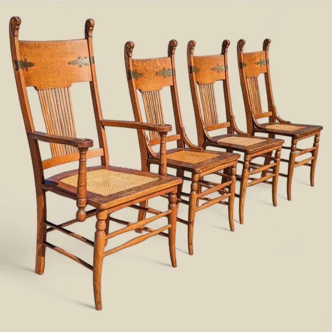 Antike Arts and Crafts Tiger Eiche Esszimmerstühle, Satz von 4 im Angebot 5