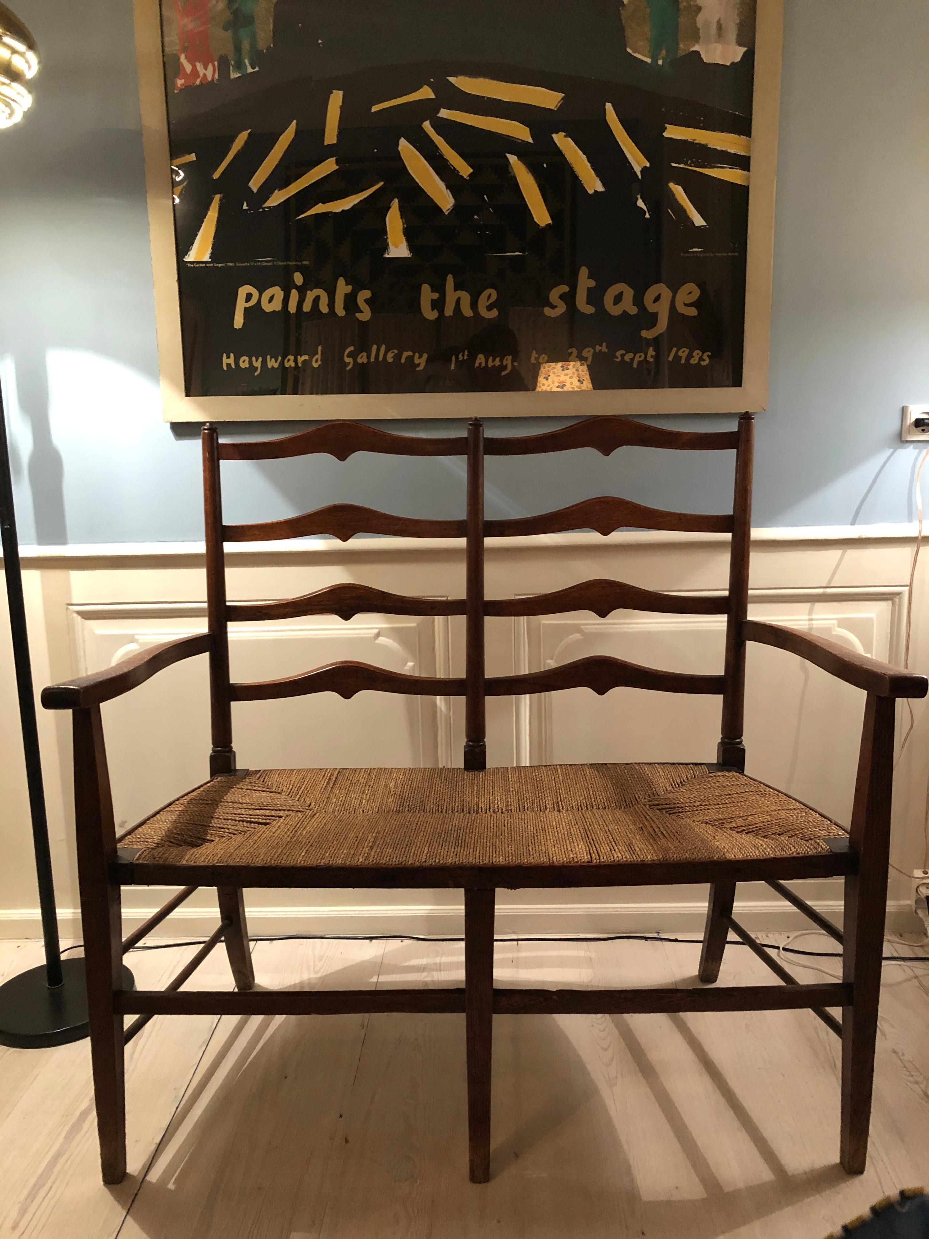 Antique Arts & Crafts Two-Seat Bench in Oak and Seagrass, England, 1860s 4