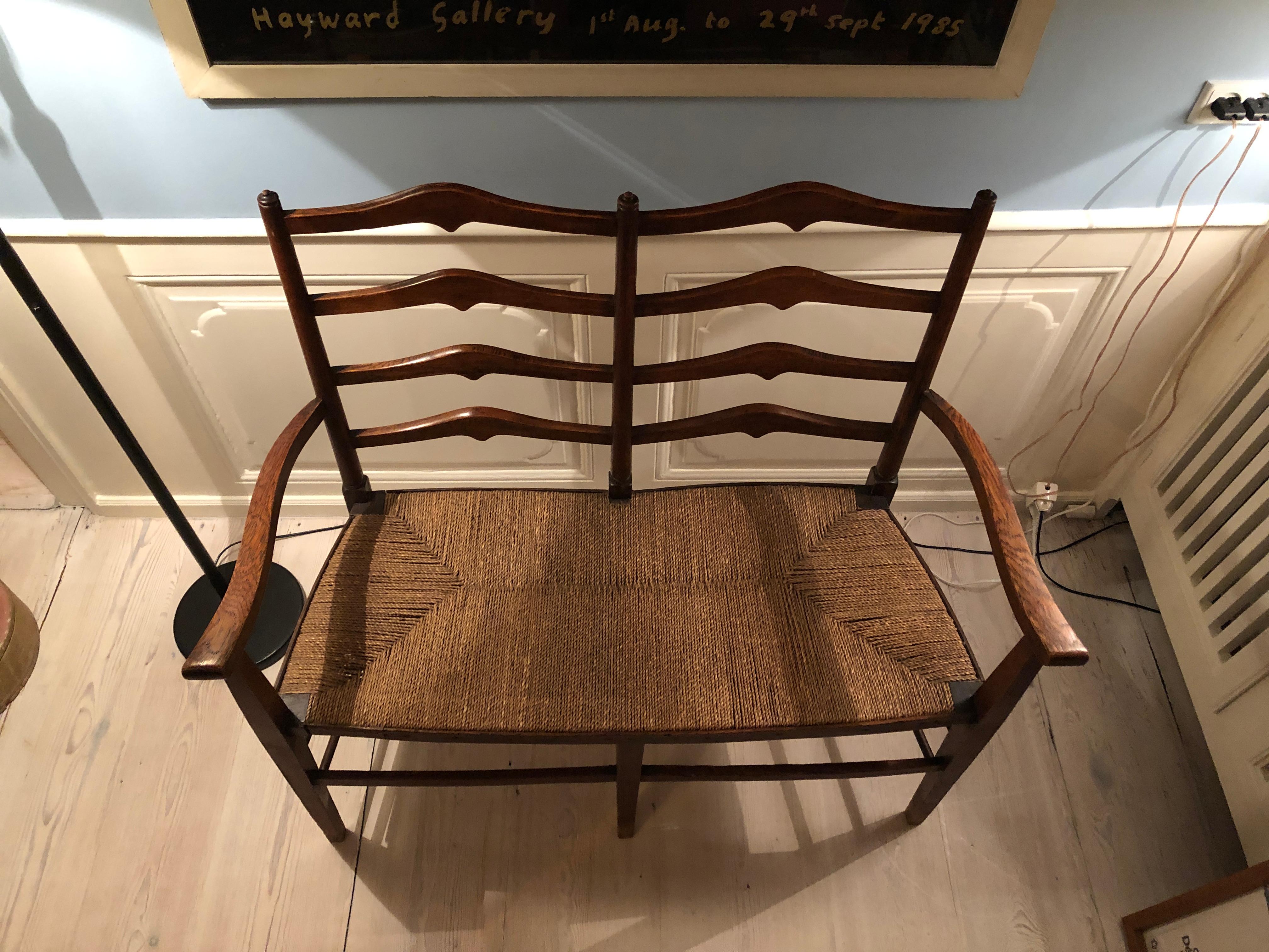 Antique Arts & Crafts Two-Seat Bench in Oak and Seagrass, England, 1860s 5