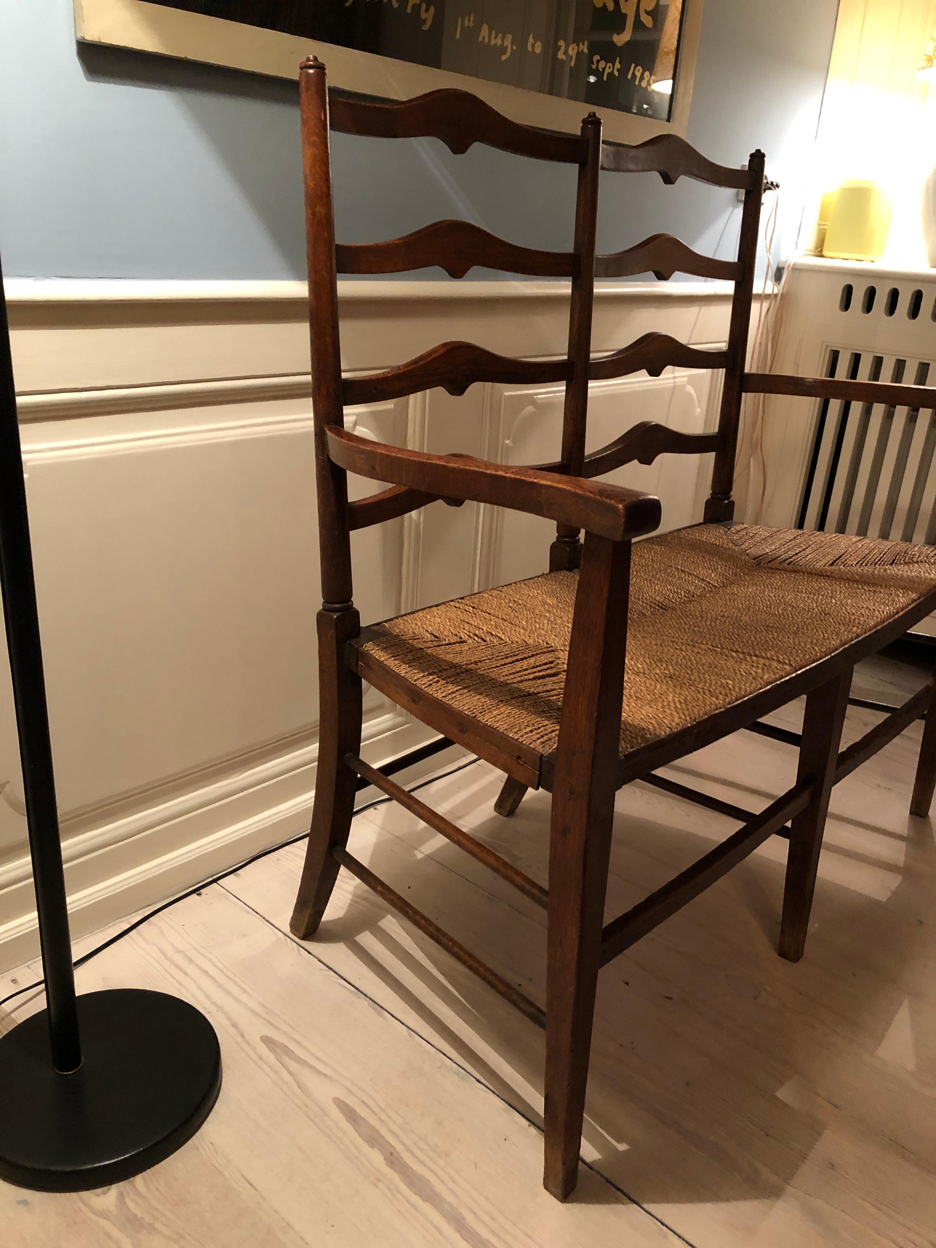 English Antique Arts & Crafts Two-Seat Bench in Oak and Seagrass, England, 1860s