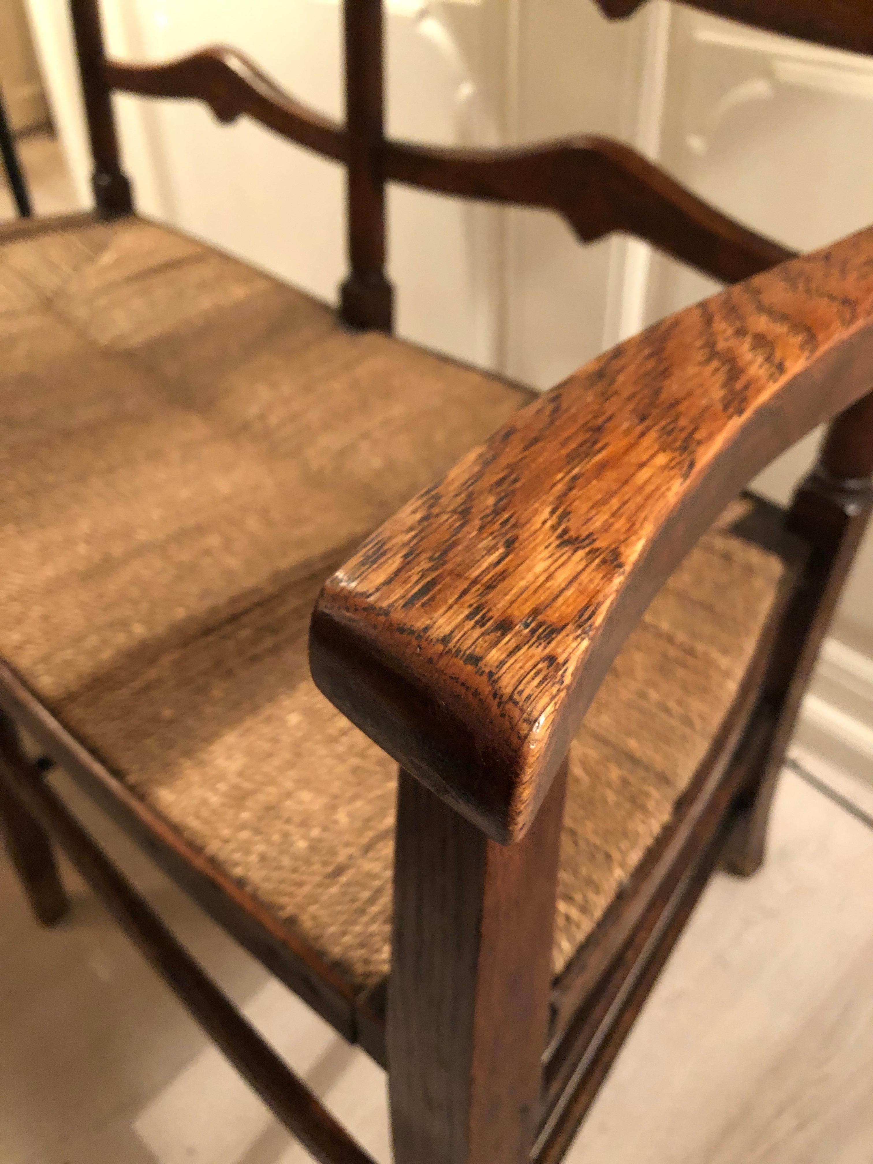 Antique Arts & Crafts Two-Seat Bench in Oak and Seagrass, England, 1860s 2